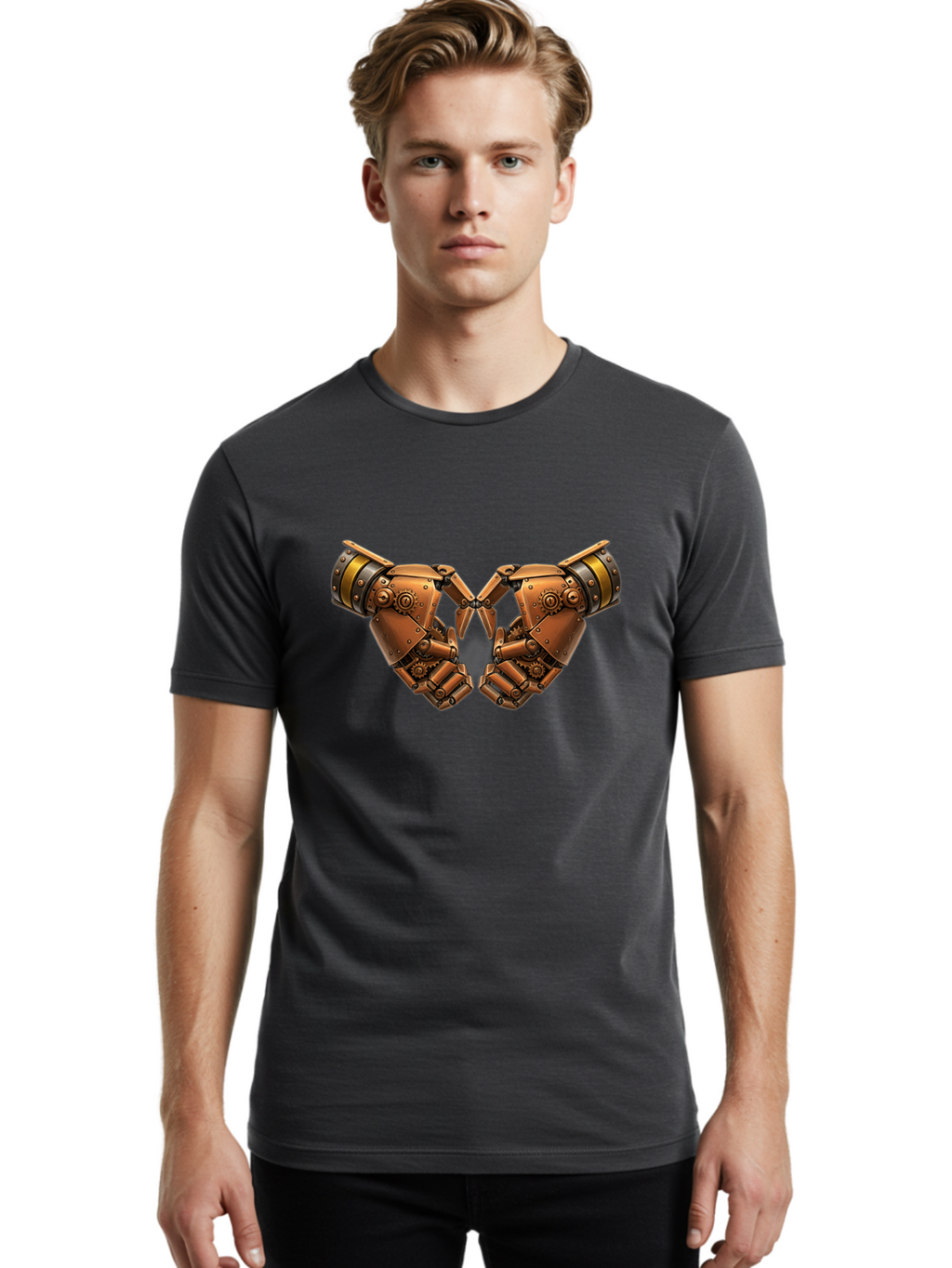 Robot-Hands Men'S Graphic Tee, 100% Cotton, Comfortable Casual Summer Wear, Machine Washable, Robotic Hands, Steampunk Design, Mechanical Fingers, Gear Details, Bronze Finish, Industrial Look, Futuristic, Robotic Love Bac374