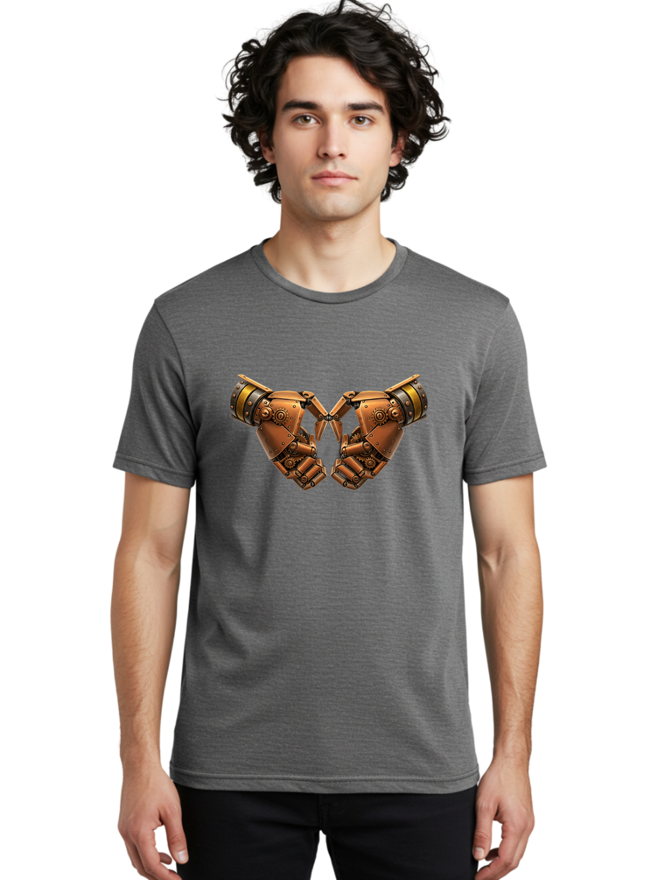 Robot-Hands Men'S Graphic Tee, 100% Cotton, Comfortable Casual Summer Wear, Machine Washable, Robotic Hands, Steampunk Design, Mechanical Fingers, Gear Details, Bronze Finish, Industrial Look, Futuristic, Robotic Love Bac374