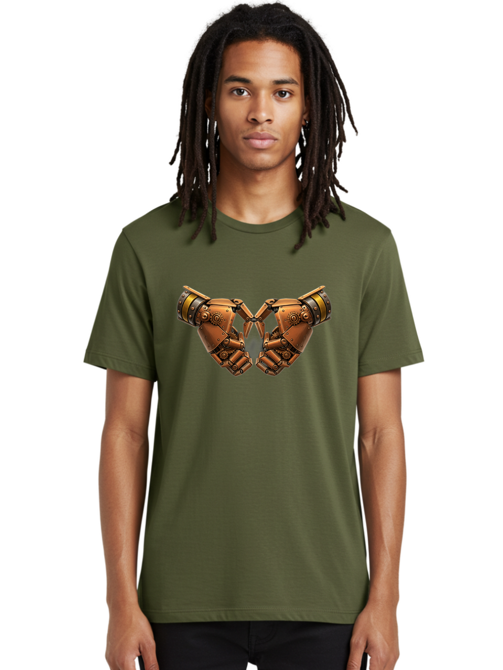 Robot-Hands Men'S Graphic Tee, 100% Cotton, Comfortable Casual Summer Wear, Machine Washable, Robotic Hands, Steampunk Design, Mechanical Fingers, Gear Details, Bronze Finish, Industrial Look, Futuristic, Robotic Love Bac374
