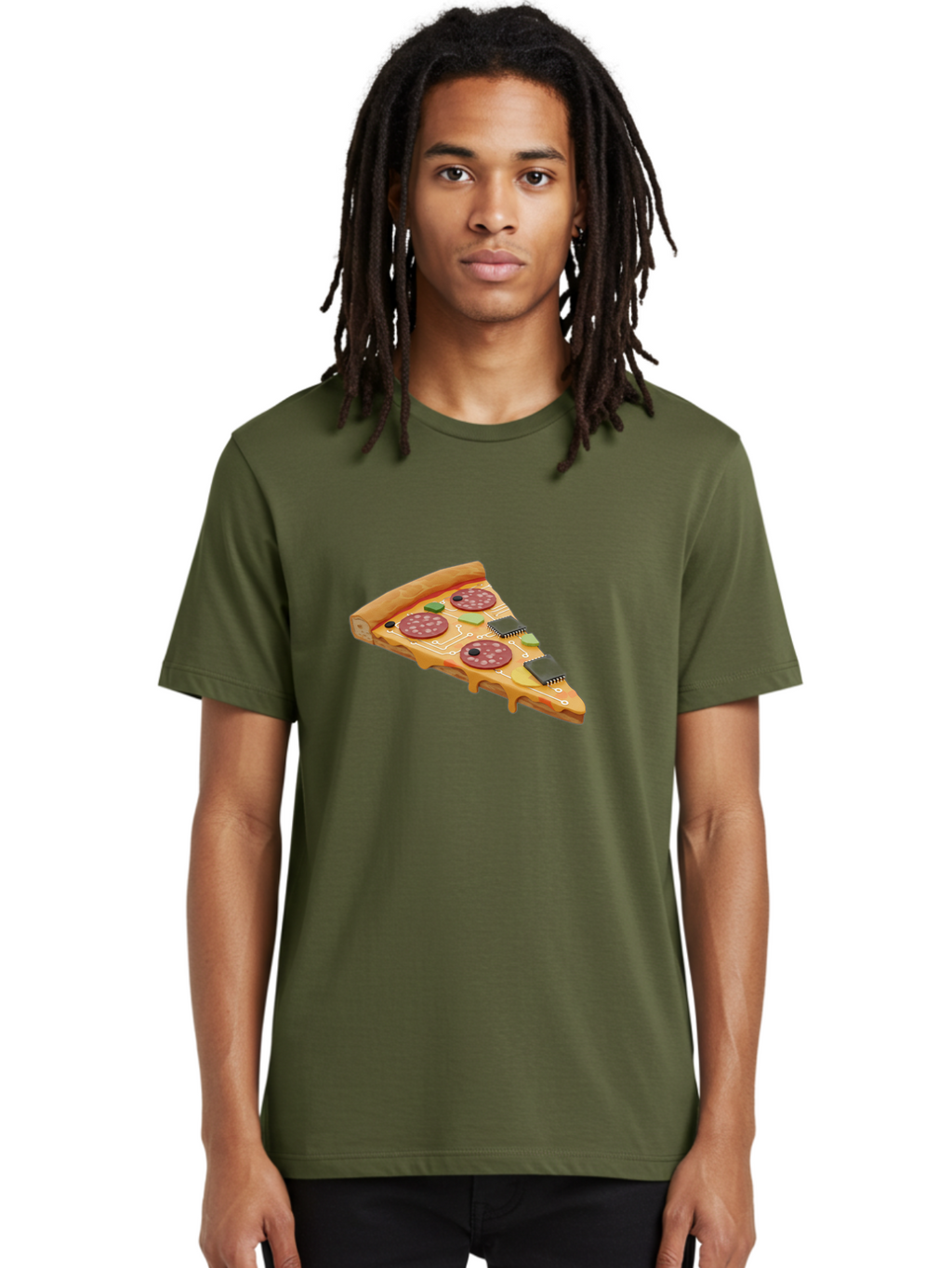 Robot-Pizza-Slice Men'S Graphic Tee, 100% Cotton, Comfortable Casual Summer Wear, Machine Washable, Pizza Slice With Circuit Board Toppings, Melted Cheese, Pepperoni, Green Capacitors, Wires, Electronic Components, Futuristic Food, Bac375