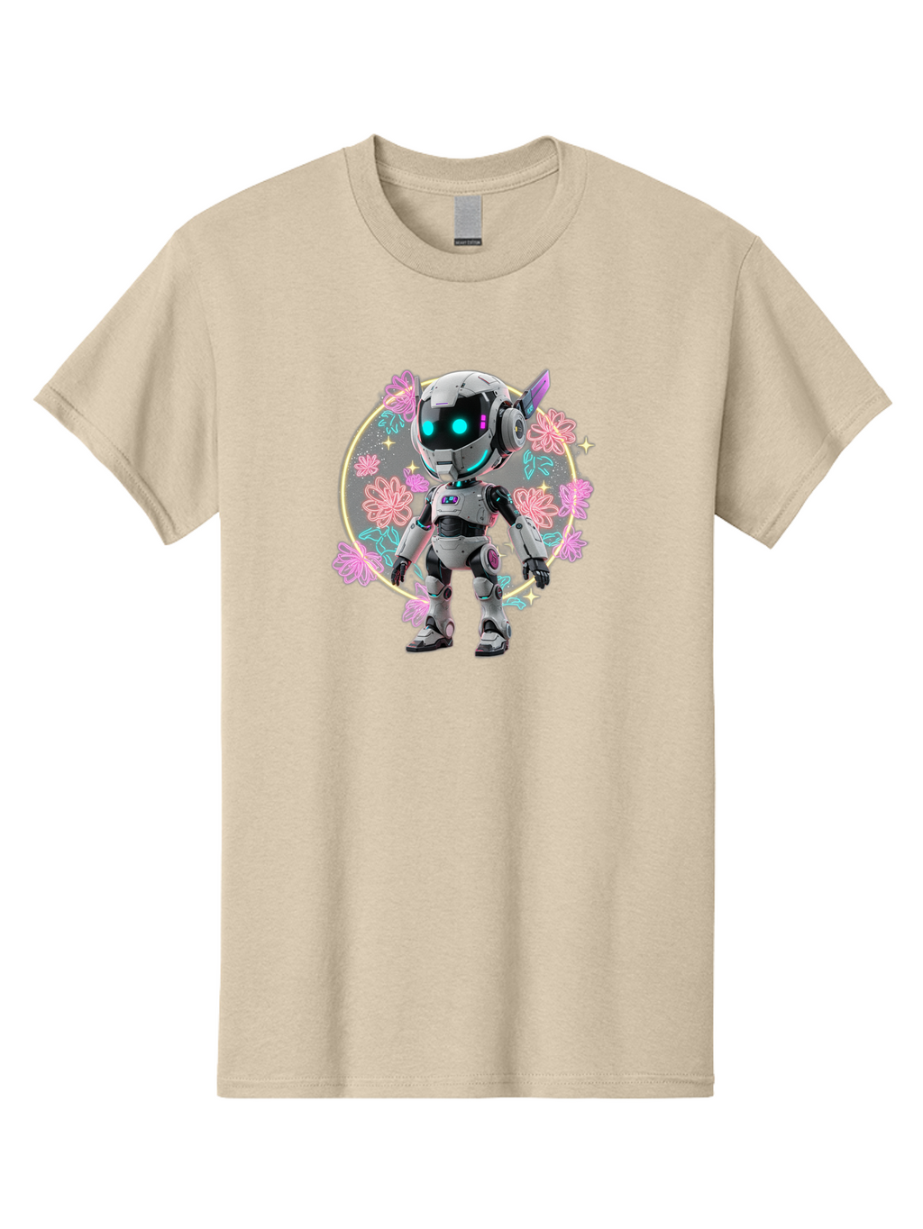 Robot-Surrounded-By-Flowers Men'S Graphic Tee, 100% Cotton, Comfortable Casual Summer Wear, Machine Washable, Futuristic Robot, Robotic Character, Artificial Intelligence, Neon Lights, Metallic Body, Glowing Blue Eyes, Floral Decorations, Bac376