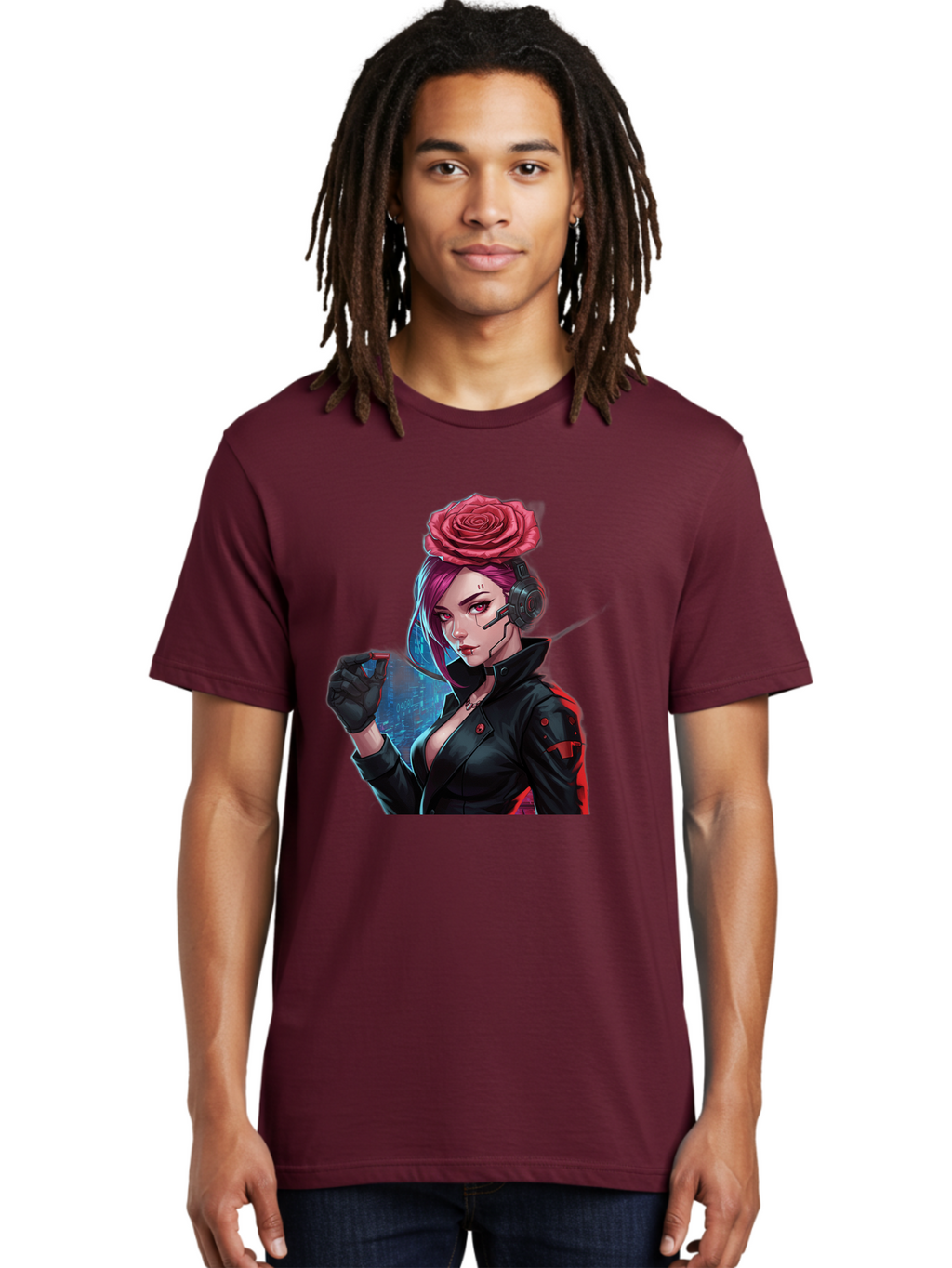 Rose-Girl Men'S Graphic Tee, 100% Cotton, Comfortable Casual Summer Wear, Machine Washable, Pink Hair, Red Rose, Black Leather Jacket, Cyberpunk Style, Futuristic Fashion, Gaming Character, League Of Legends, Esports, K/Da Akali Bac378