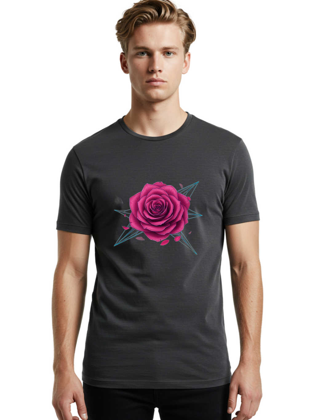 Rose-Star Men'S Graphic Tee, 100% Cotton, Comfortable Casual Summer Wear, Machine Washable, Pink Rose, Thorn Star, Falling Petals, Symbolic Art, Intricate Design, Floral Motif, Romantic Symbolism, Gothic Elegance, Mystical Themes Bac379