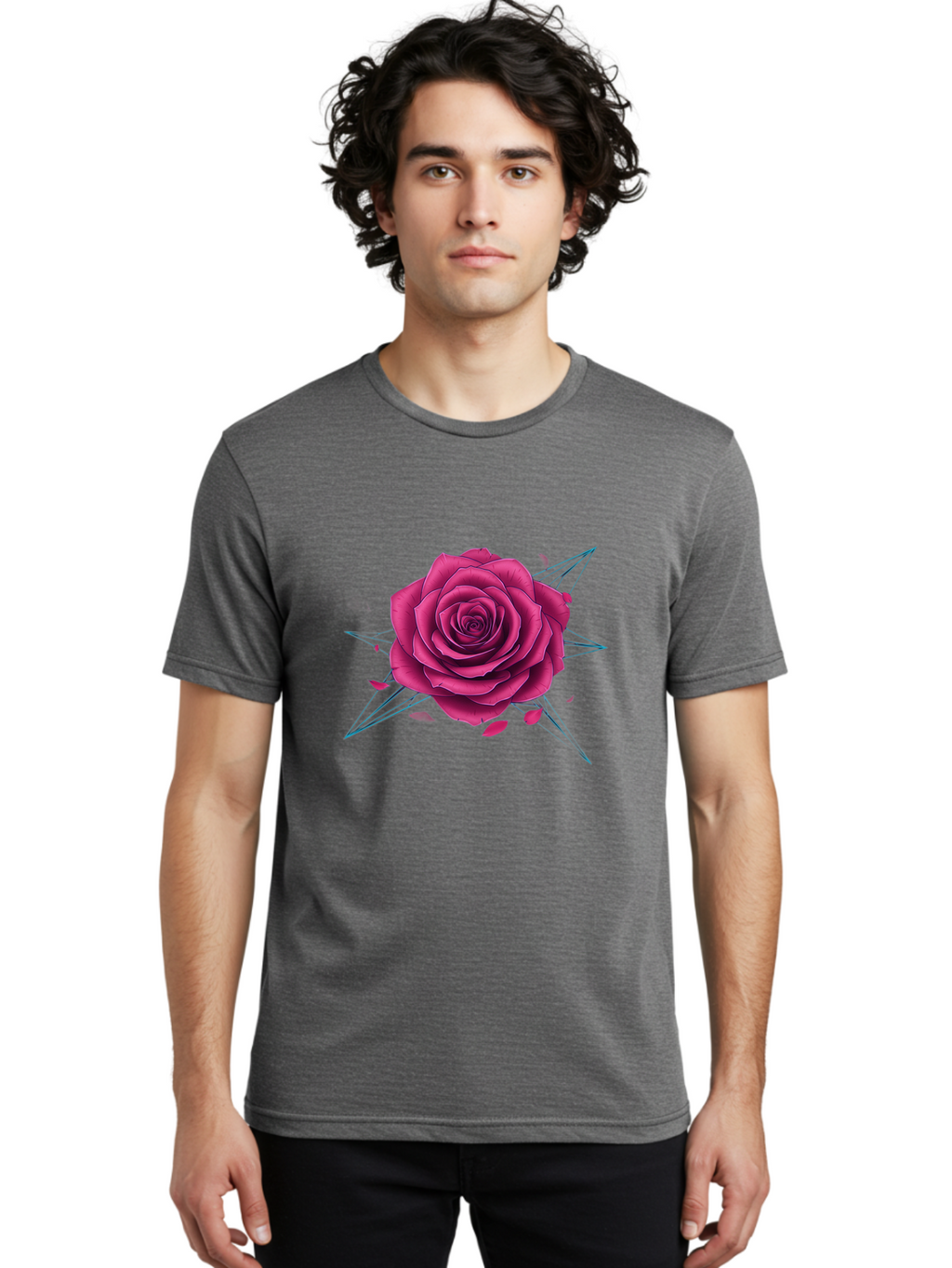 Rose-Star Men'S Graphic Tee, 100% Cotton, Comfortable Casual Summer Wear, Machine Washable, Pink Rose, Thorn Star, Falling Petals, Symbolic Art, Intricate Design, Floral Motif, Romantic Symbolism, Gothic Elegance, Mystical Themes Bac379