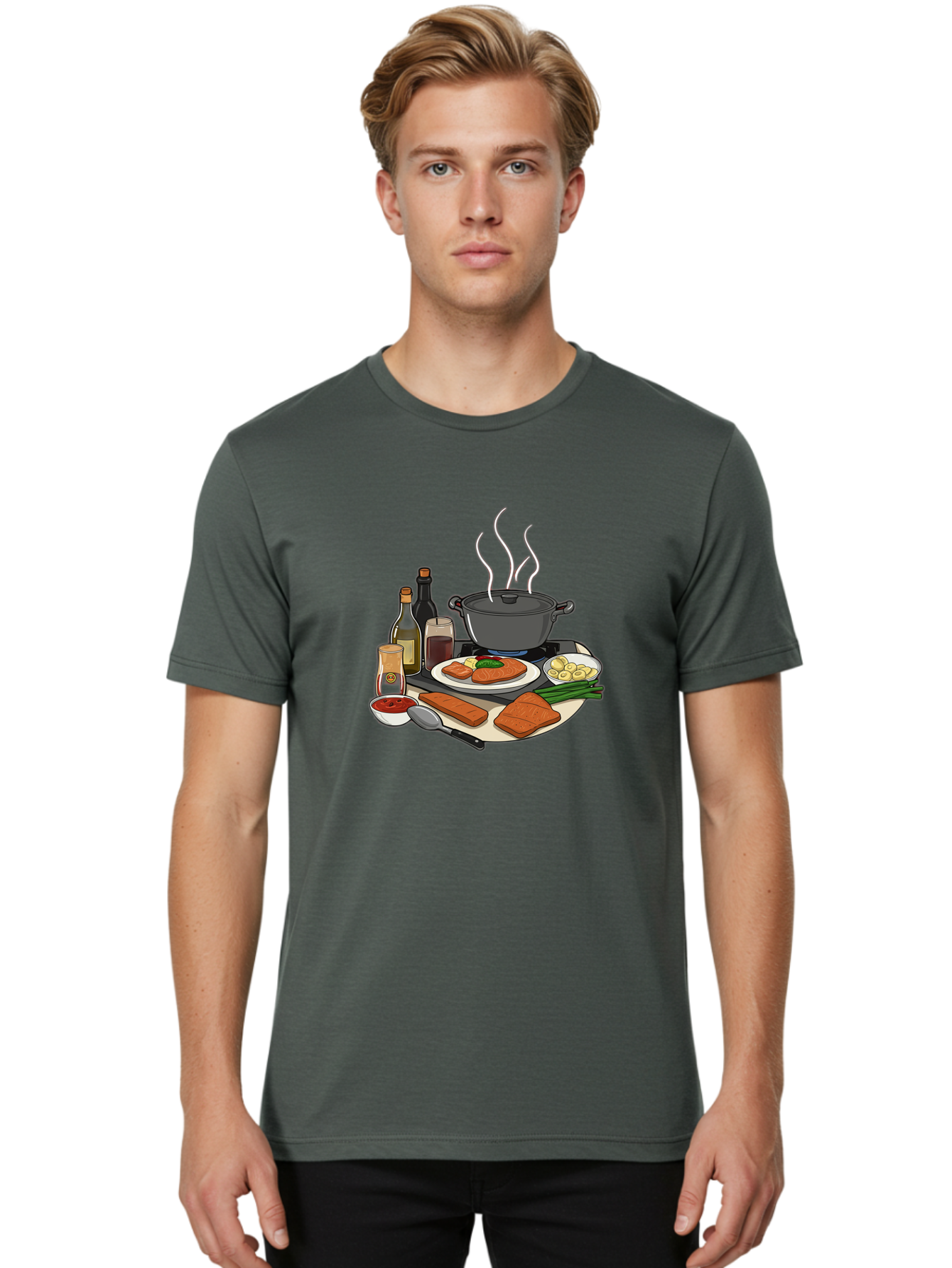 Salmon-Dish Men'S Graphic Tee, 100% Cotton, Comfortable Casual Summer Wear, Machine Washable, Salmon Fillet, Cooking Salmon, Gourmet Cooking, Kitchen Utensils, Salmon Recipe, Delicious Salmon, Gourmet Ingredients, Cooking Essentials, Bac386