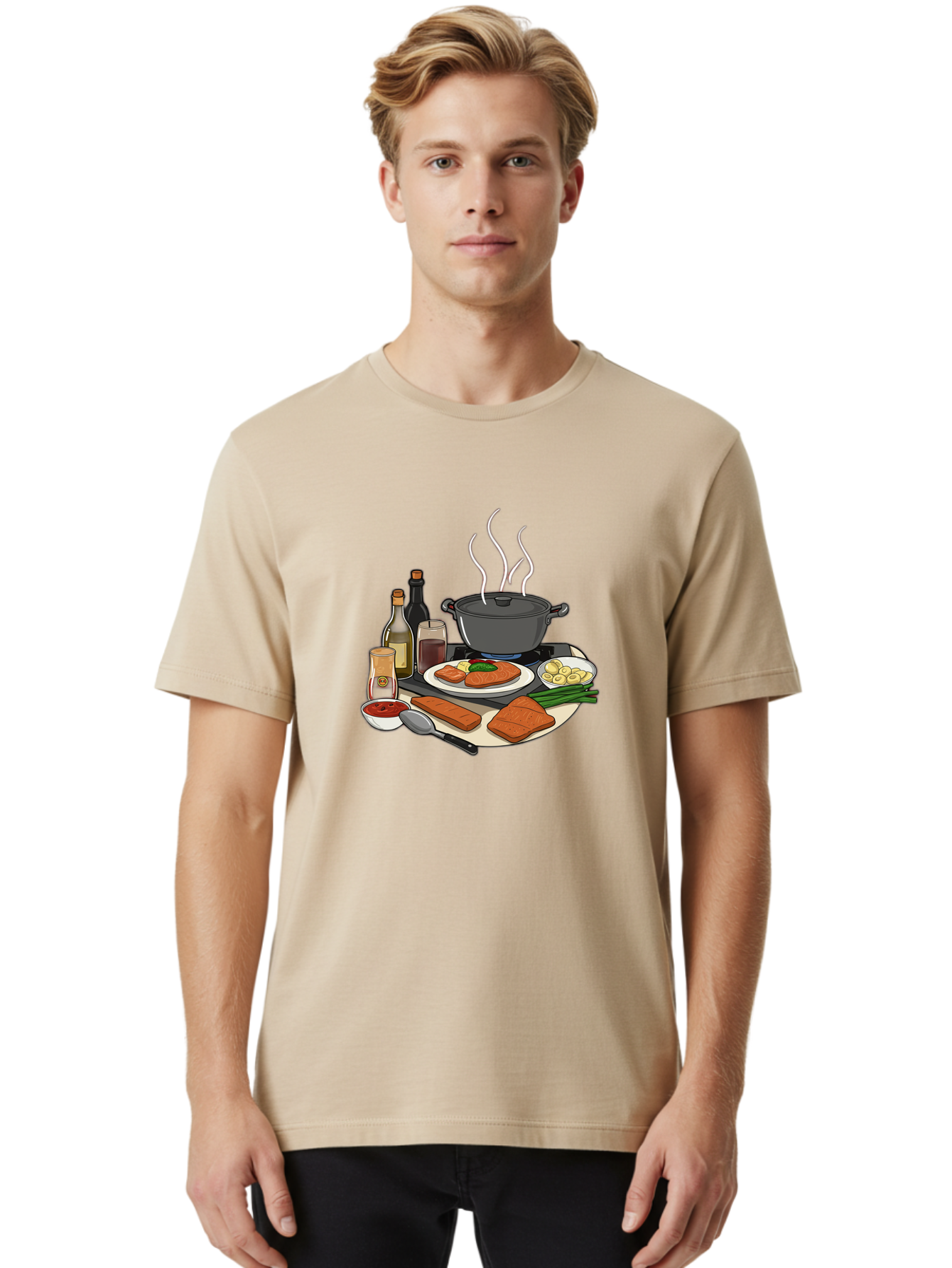 Salmon-Dish Men'S Graphic Tee, 100% Cotton, Comfortable Casual Summer Wear, Machine Washable, Salmon Fillet, Cooking Salmon, Gourmet Cooking, Kitchen Utensils, Salmon Recipe, Delicious Salmon, Gourmet Ingredients, Cooking Essentials, Bac386