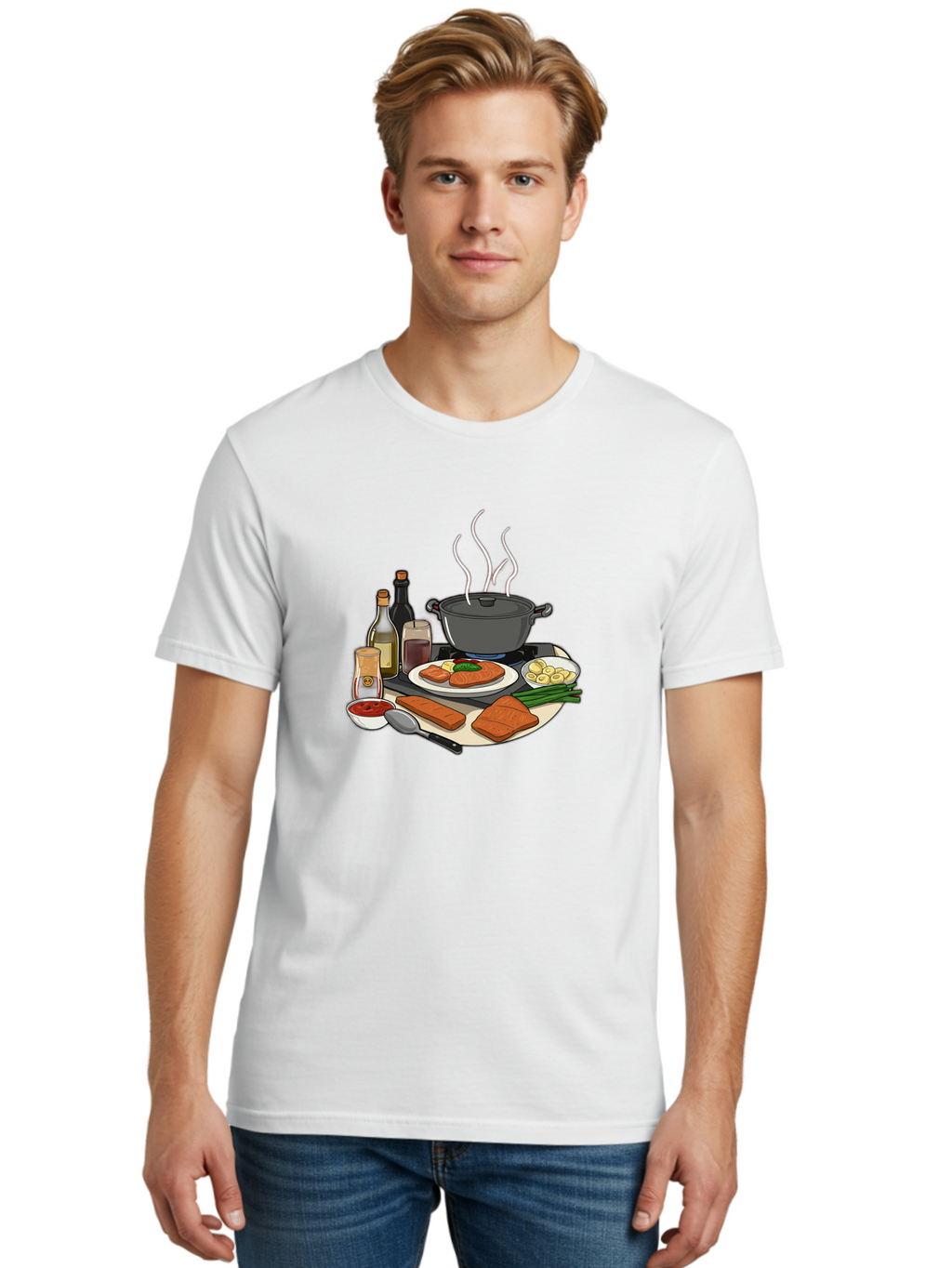 Salmon-Dish Men'S Graphic Tee, 100% Cotton, Comfortable Casual Summer Wear, Machine Washable, Salmon Fillet, Cooking Salmon, Gourmet Cooking, Kitchen Utensils, Salmon Recipe, Delicious Salmon, Gourmet Ingredients, Cooking Essentials, Bac386