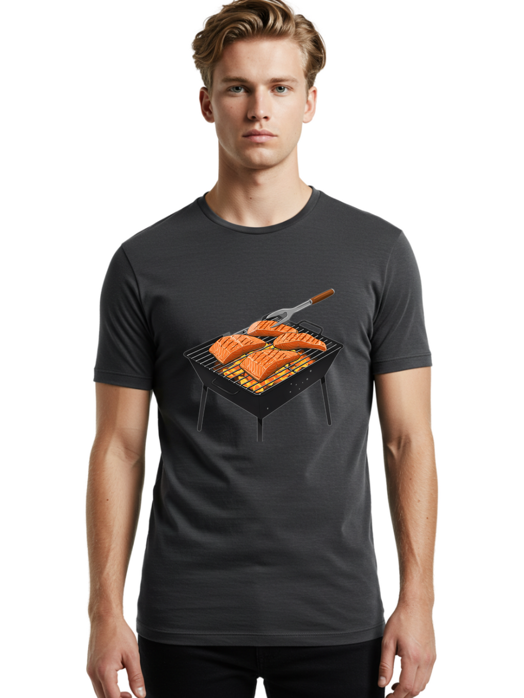 Salmon-On-Grill Men'S Graphic Tee, 100% Cotton, Comfortable Casual Summer Wear, Machine Washable, Grilled Salmon, Salmon Fillets, Barbecue Grill, Grilled Fish, Seafood, Food, Healthy Eating, Grilling Bac387