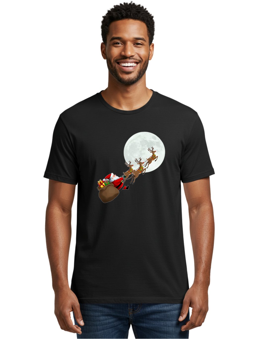 Santa-And-Reindeer Men'S Graphic Tee, 100% Cotton, Comfortable Casual Summer Wear, Machine Washable, Santa Claus, Reindeer, Sack Of Gifts, Christmas Magic, Holiday Cheer, Festive Season, Joyful Atmosphere, Christmas Presents, Sleigh Ride, Bac390