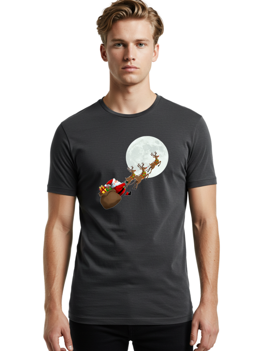 Santa-And-Reindeer Men'S Graphic Tee, 100% Cotton, Comfortable Casual Summer Wear, Machine Washable, Santa Claus, Reindeer, Sack Of Gifts, Christmas Magic, Holiday Cheer, Festive Season, Joyful Atmosphere, Christmas Presents, Sleigh Ride, Bac390