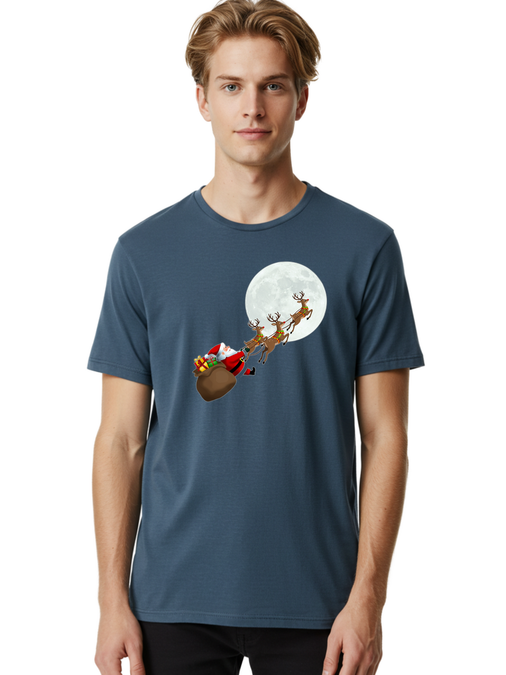 Santa-And-Reindeer Men'S Graphic Tee, 100% Cotton, Comfortable Casual Summer Wear, Machine Washable, Santa Claus, Reindeer, Sack Of Gifts, Christmas Magic, Holiday Cheer, Festive Season, Joyful Atmosphere, Christmas Presents, Sleigh Ride, Bac390