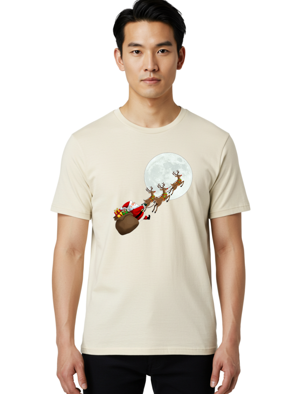 Santa-And-Reindeer Men'S Graphic Tee, 100% Cotton, Comfortable Casual Summer Wear, Machine Washable, Santa Claus, Reindeer, Sack Of Gifts, Christmas Magic, Holiday Cheer, Festive Season, Joyful Atmosphere, Christmas Presents, Sleigh Ride, Bac390