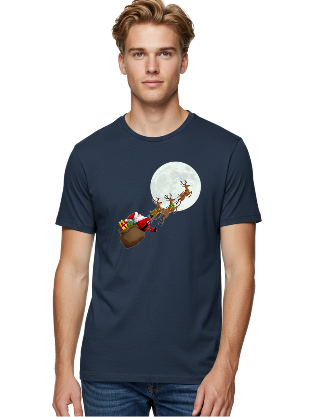 Santa-And-Reindeer Men'S Graphic Tee, 100% Cotton, Comfortable Casual Summer Wear, Machine Washable, Santa Claus, Reindeer, Sack Of Gifts, Christmas Magic, Holiday Cheer, Festive Season, Joyful Atmosphere, Christmas Presents, Sleigh Ride, Bac390