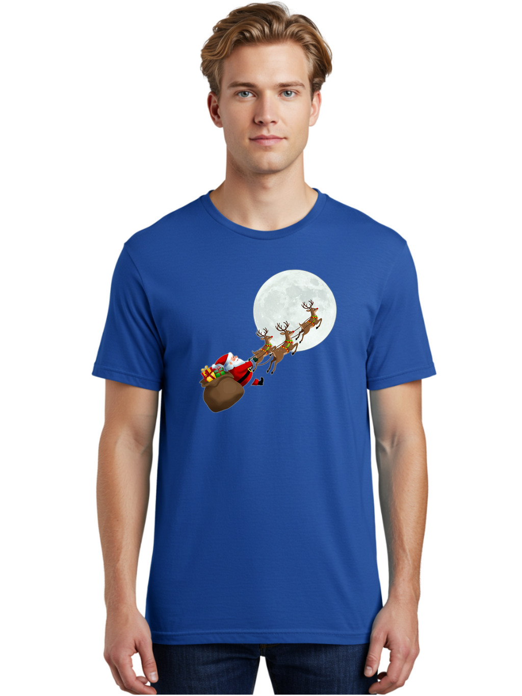 Santa-And-Reindeer Men'S Graphic Tee, 100% Cotton, Comfortable Casual Summer Wear, Machine Washable, Santa Claus, Reindeer, Sack Of Gifts, Christmas Magic, Holiday Cheer, Festive Season, Joyful Atmosphere, Christmas Presents, Sleigh Ride, Bac390