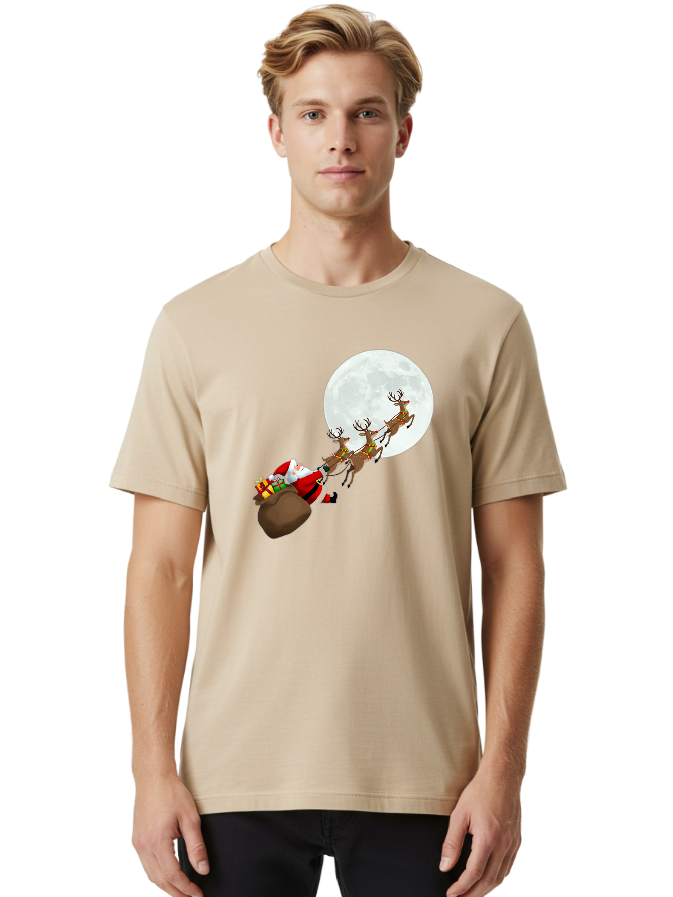 Santa-And-Reindeer Men'S Graphic Tee, 100% Cotton, Comfortable Casual Summer Wear, Machine Washable, Santa Claus, Reindeer, Sack Of Gifts, Christmas Magic, Holiday Cheer, Festive Season, Joyful Atmosphere, Christmas Presents, Sleigh Ride, Bac390