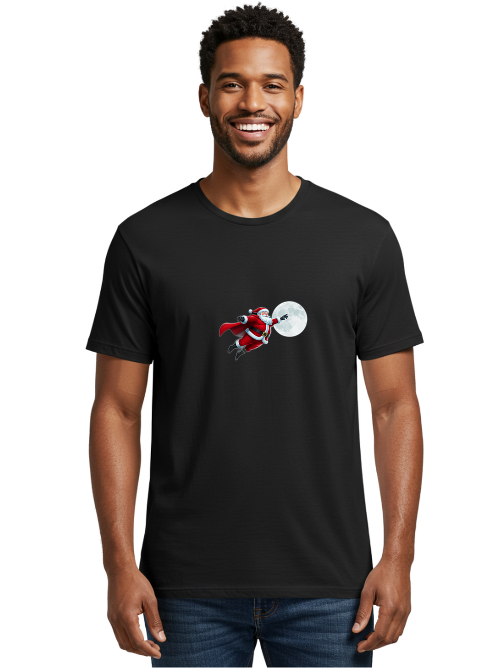 Santa-Claus-1 Men'S Graphic Tee, 100% Cotton, Comfortable Casual Summer Wear, Machine Washable, Santa Claus Flying Through Space, Holding A Gun, Full Moon, Christmas Icon, Festive Character, Holiday Cheer, Jolly Old Man, Gift Giving, Red Suit, Bac391