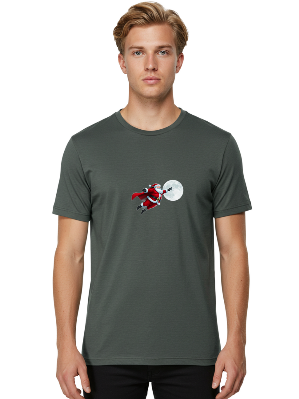 Santa-Claus-1 Men'S Graphic Tee, 100% Cotton, Comfortable Casual Summer Wear, Machine Washable, Santa Claus Flying Through Space, Holding A Gun, Full Moon, Christmas Icon, Festive Character, Holiday Cheer, Jolly Old Man, Gift Giving, Red Suit, Bac391