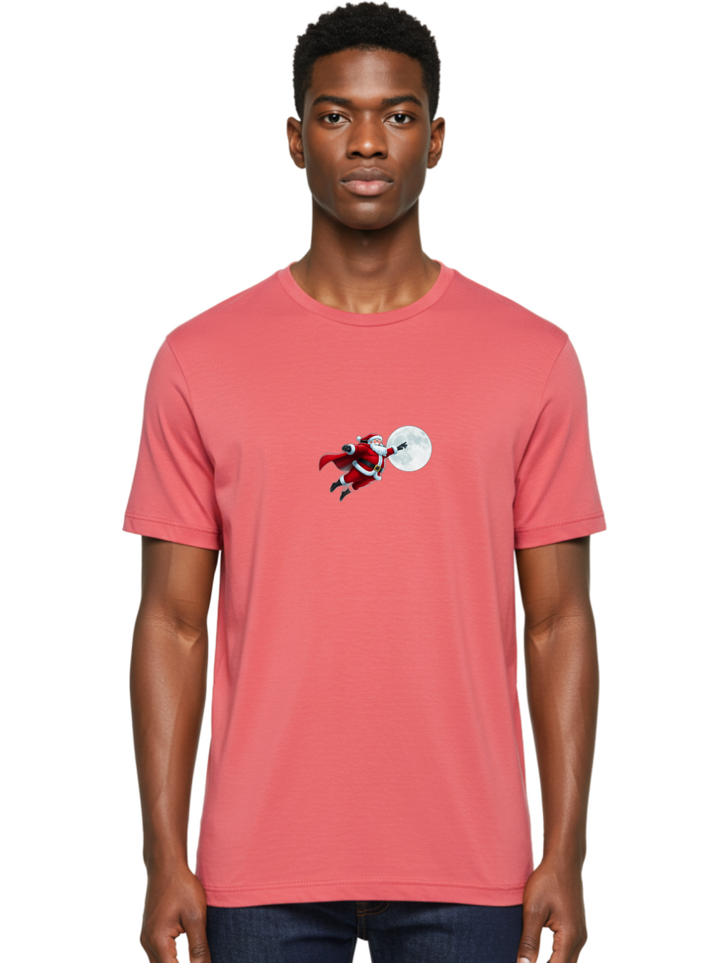 Santa-Claus-1 Men'S Graphic Tee, 100% Cotton, Comfortable Casual Summer Wear, Machine Washable, Santa Claus Flying Through Space, Holding A Gun, Full Moon, Christmas Icon, Festive Character, Holiday Cheer, Jolly Old Man, Gift Giving, Red Suit, Bac391