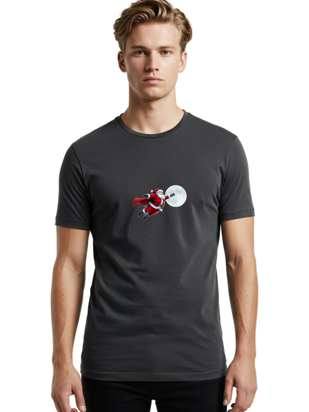 Santa-Claus-1 Men'S Graphic Tee, 100% Cotton, Comfortable Casual Summer Wear, Machine Washable, Santa Claus Flying Through Space, Holding A Gun, Full Moon, Christmas Icon, Festive Character, Holiday Cheer, Jolly Old Man, Gift Giving, Red Suit, Bac391