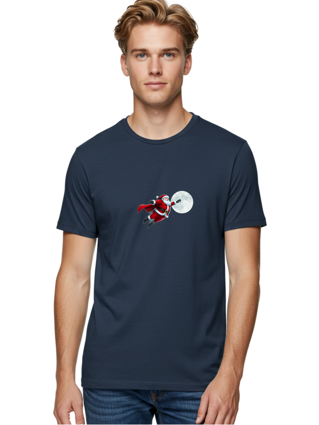 Santa-Claus-1 Men'S Graphic Tee, 100% Cotton, Comfortable Casual Summer Wear, Machine Washable, Santa Claus Flying Through Space, Holding A Gun, Full Moon, Christmas Icon, Festive Character, Holiday Cheer, Jolly Old Man, Gift Giving, Red Suit, Bac391