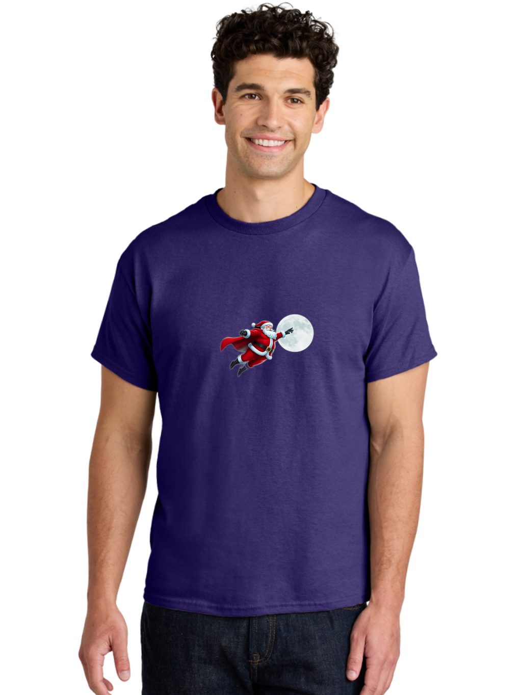 Santa-Claus-1 Men'S Graphic Tee, 100% Cotton, Comfortable Casual Summer Wear, Machine Washable, Santa Claus Flying Through Space, Holding A Gun, Full Moon, Christmas Icon, Festive Character, Holiday Cheer, Jolly Old Man, Gift Giving, Red Suit, Bac391