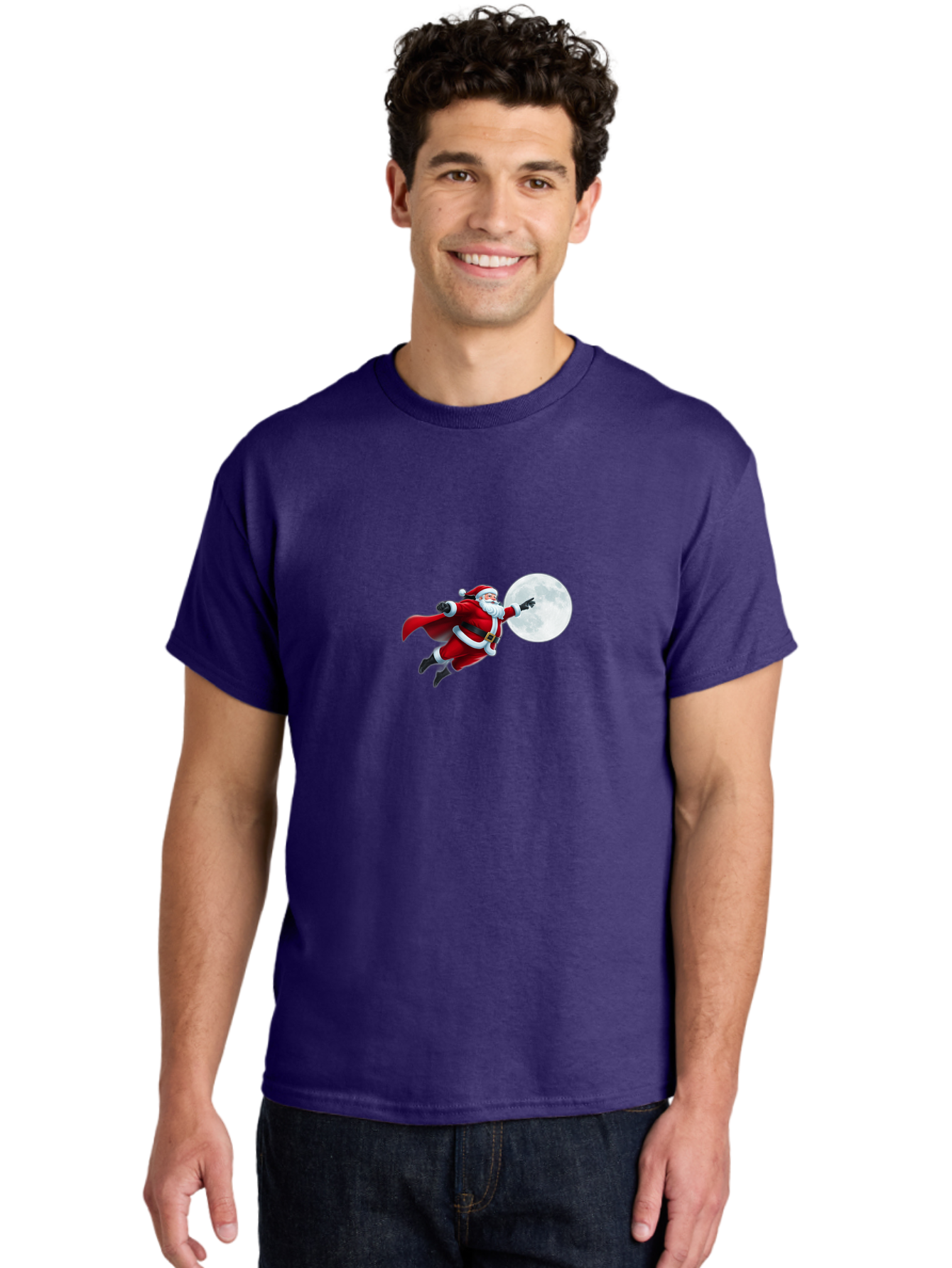 Santa-Claus-1 Men'S Graphic Tee, 100% Cotton, Comfortable Casual Summer Wear, Machine Washable, Santa Claus Flying Through Space, Holding A Gun, Full Moon, Christmas Icon, Festive Character, Holiday Cheer, Jolly Old Man, Gift Giving, Red Suit, Bac391