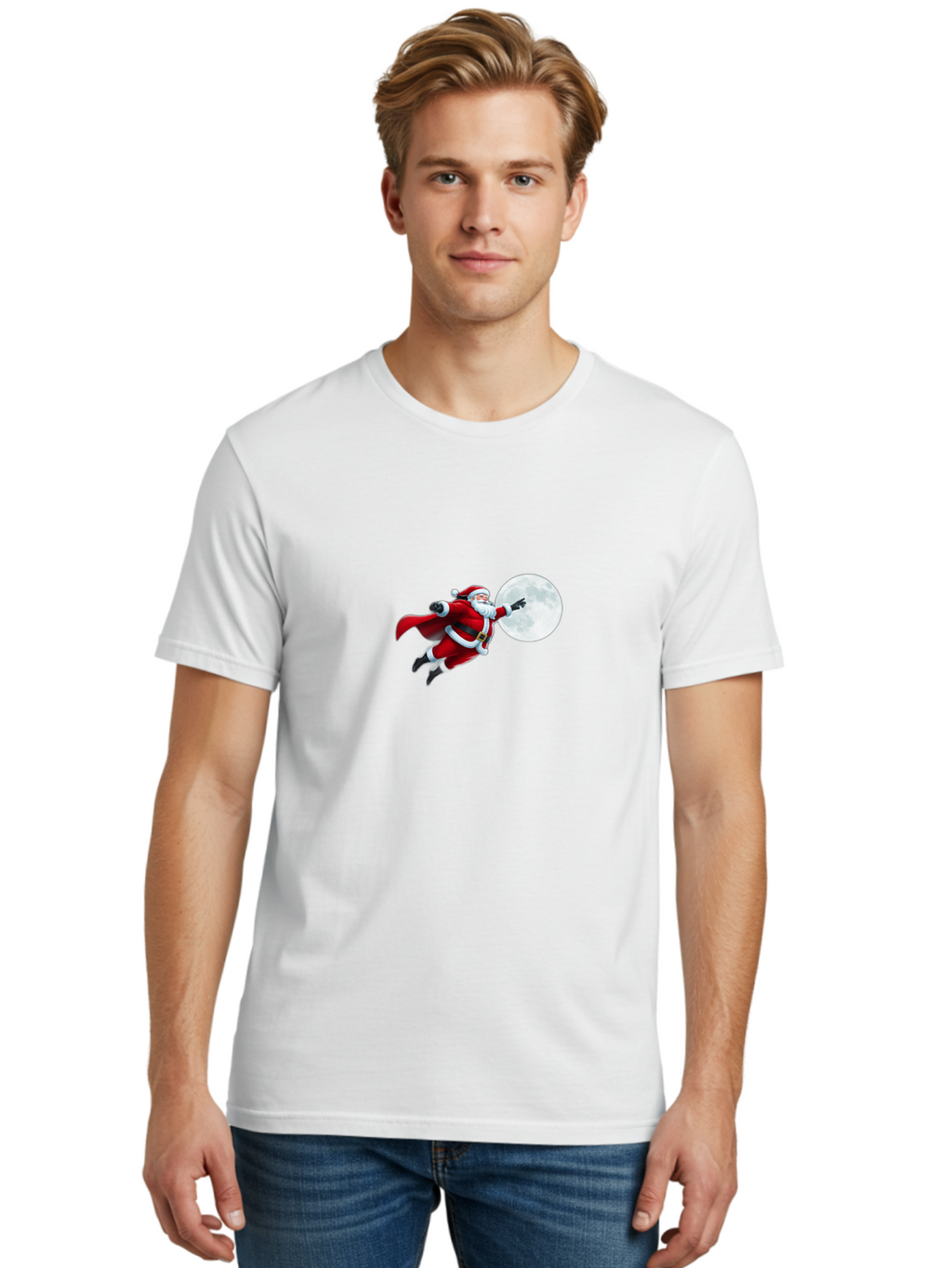 Santa-Claus-1 Men'S Graphic Tee, 100% Cotton, Comfortable Casual Summer Wear, Machine Washable, Santa Claus Flying Through Space, Holding A Gun, Full Moon, Christmas Icon, Festive Character, Holiday Cheer, Jolly Old Man, Gift Giving, Red Suit, Bac391