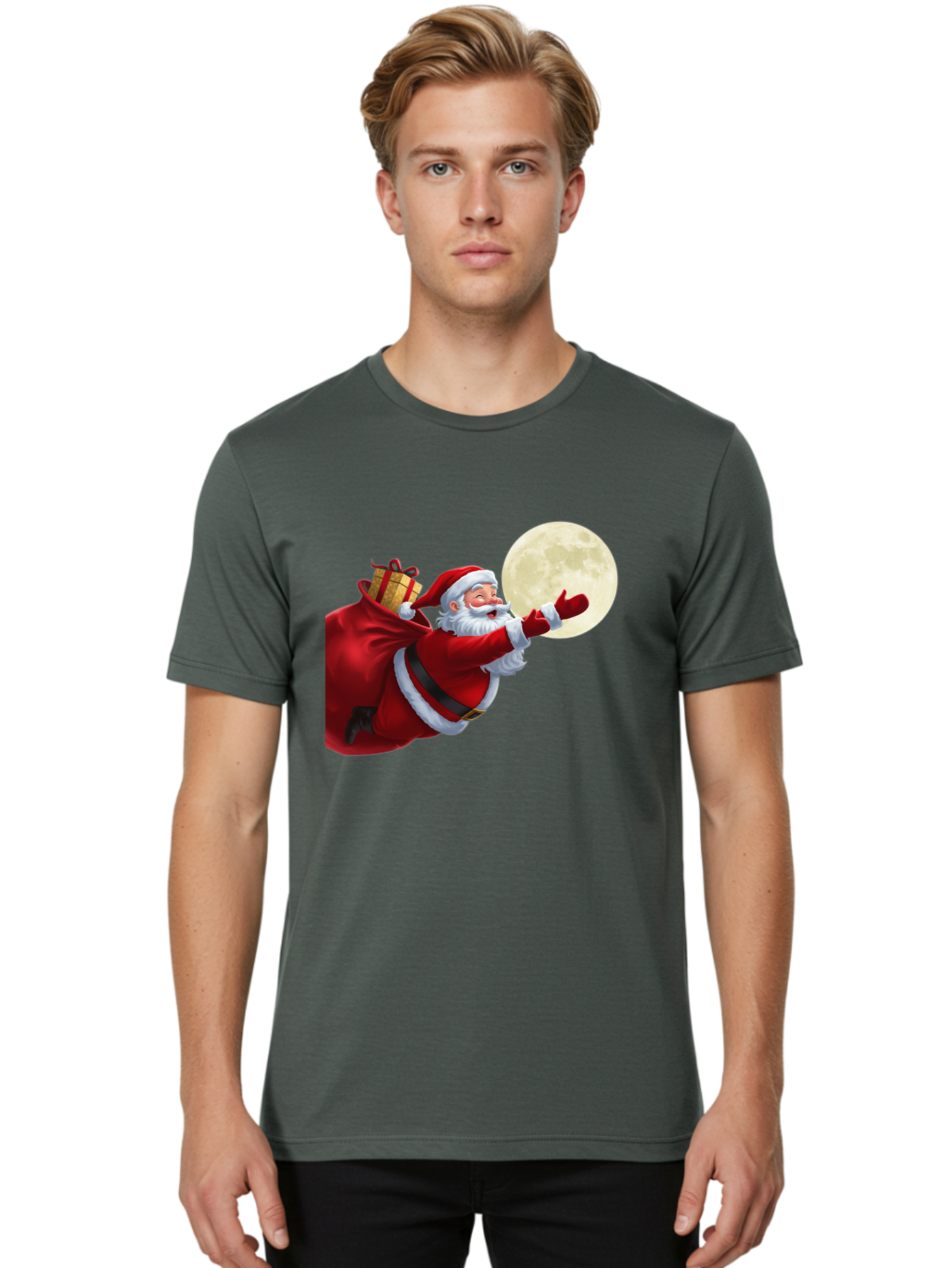Santa-Claus-2 Men'S Graphic Tee, 100% Cotton, Comfortable Casual Summer Wear, Machine Washable, Santa Claus, Gift Bag, Full Moon, Holiday Season, Christmas Magic, Jolly Old Elf, Festive Atmosphere, Red Suit, White Beard Bac392