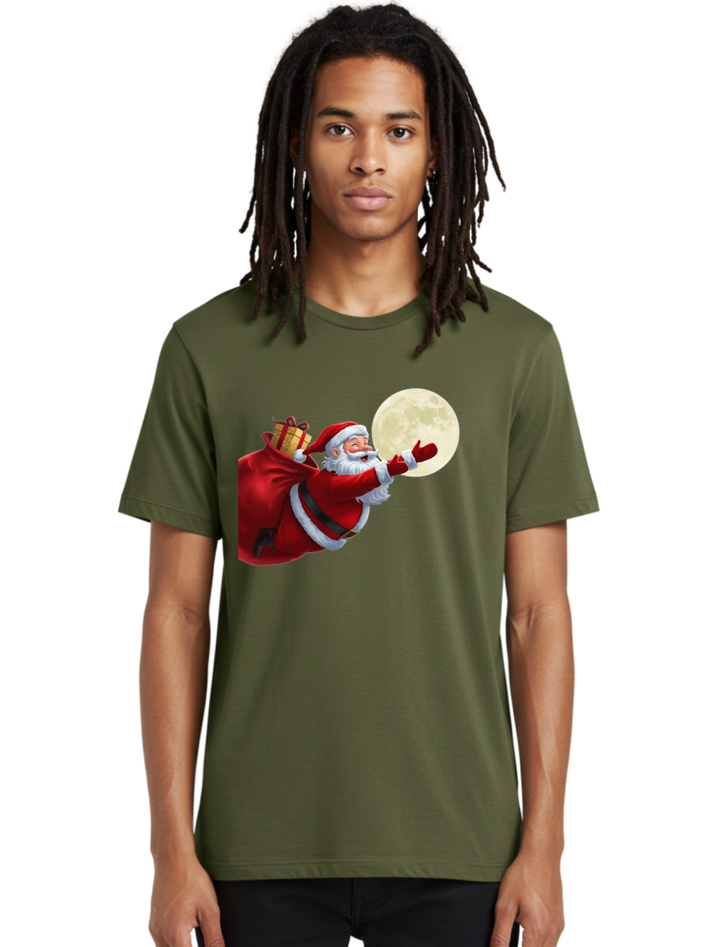Santa-Claus-2 Men'S Graphic Tee, 100% Cotton, Comfortable Casual Summer Wear, Machine Washable, Santa Claus, Gift Bag, Full Moon, Holiday Season, Christmas Magic, Jolly Old Elf, Festive Atmosphere, Red Suit, White Beard Bac392