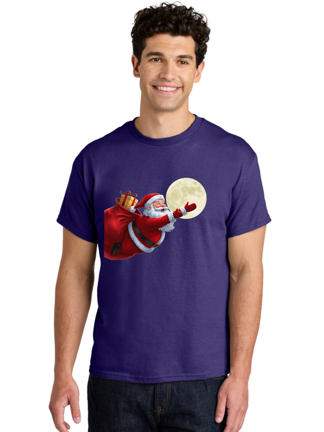 Santa-Claus-2 Men'S Graphic Tee, 100% Cotton, Comfortable Casual Summer Wear, Machine Washable, Santa Claus, Gift Bag, Full Moon, Holiday Season, Christmas Magic, Jolly Old Elf, Festive Atmosphere, Red Suit, White Beard Bac392