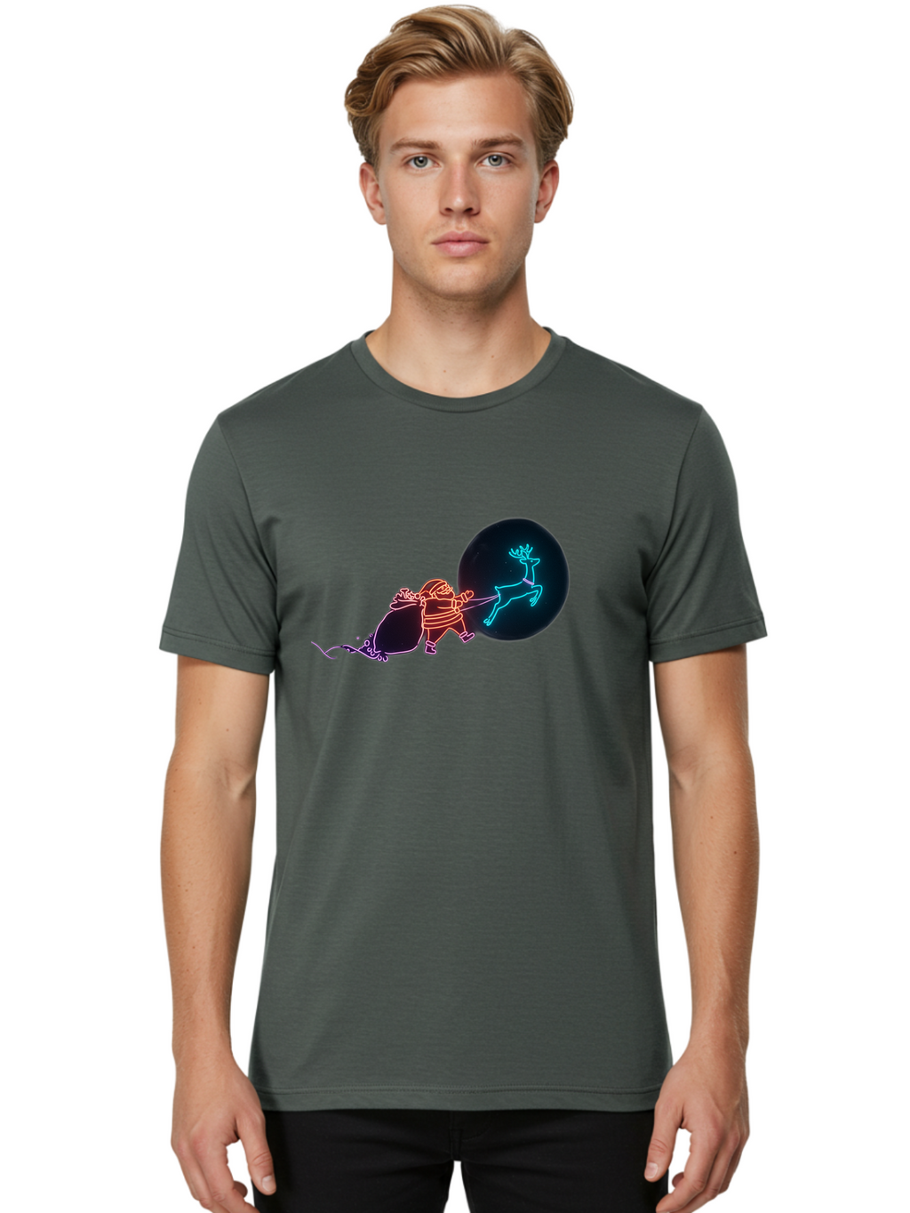 Santa-Claus-Reindeer Men'S Graphic Tee, 100% Cotton, Comfortable Casual Summer Wear, Machine Washable, Santa Claus Pulling Reindeer, Christmas Magic, Holiday Cheer, Neon Lights, Festive Scene, Jolly Old Elf, Christmas Gift, Holiday Season Bac393
