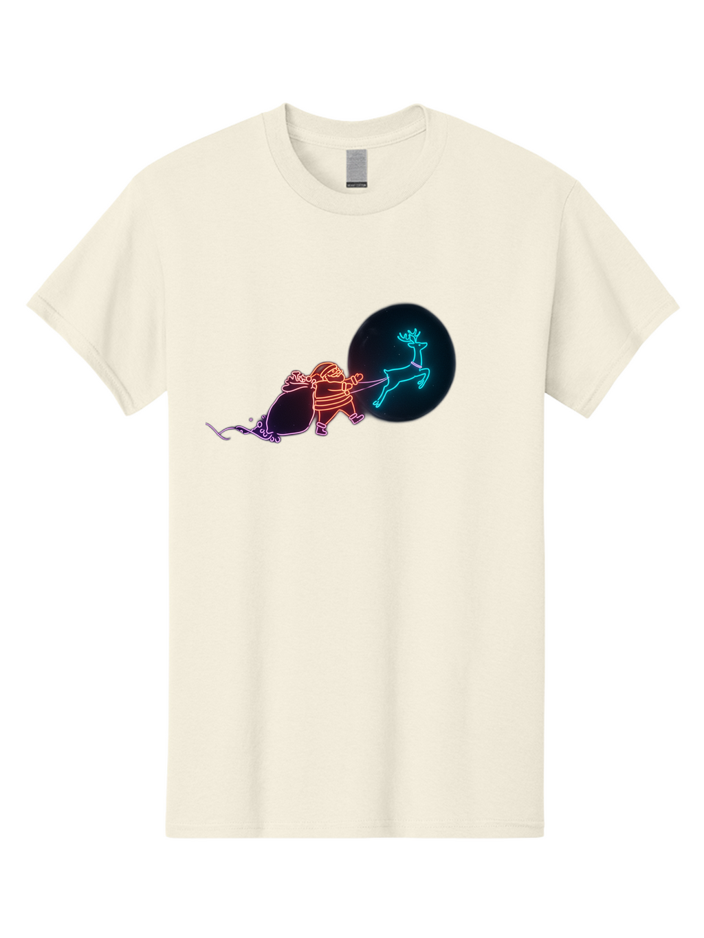 Santa-Claus-Reindeer Men'S Graphic Tee, 100% Cotton, Comfortable Casual Summer Wear, Machine Washable, Santa Claus Pulling Reindeer, Christmas Magic, Holiday Cheer, Neon Lights, Festive Scene, Jolly Old Elf, Christmas Gift, Holiday Season Bac393