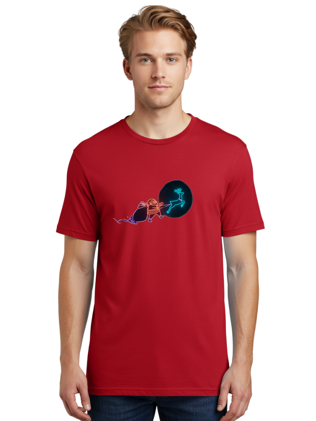 Santa-Claus-Reindeer Men'S Graphic Tee, 100% Cotton, Comfortable Casual Summer Wear, Machine Washable, Santa Claus Pulling Reindeer, Christmas Magic, Holiday Cheer, Neon Lights, Festive Scene, Jolly Old Elf, Christmas Gift, Holiday Season Bac393