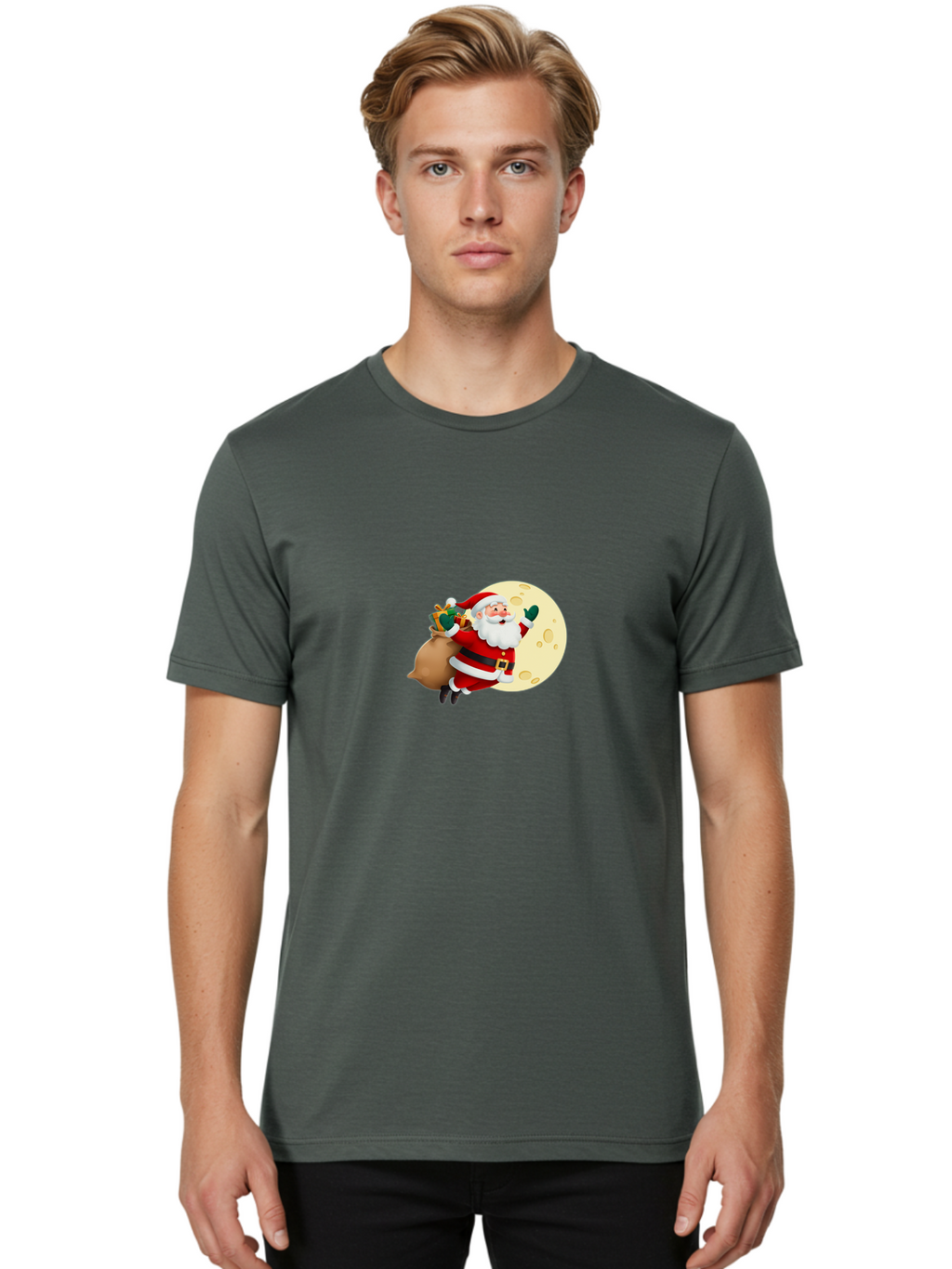 Santa-Claus Men'S Graphic Tee, 100% Cotton, Comfortable Casual Summer Wear, Machine Washable, Santa Claus Flying, Full Moon, Christmas Gifts, Festive Season, Holiday Cheer, Jolly Old Man, Sack Of Toys, Waving Hand, Joyful Atmosphere, Bac394