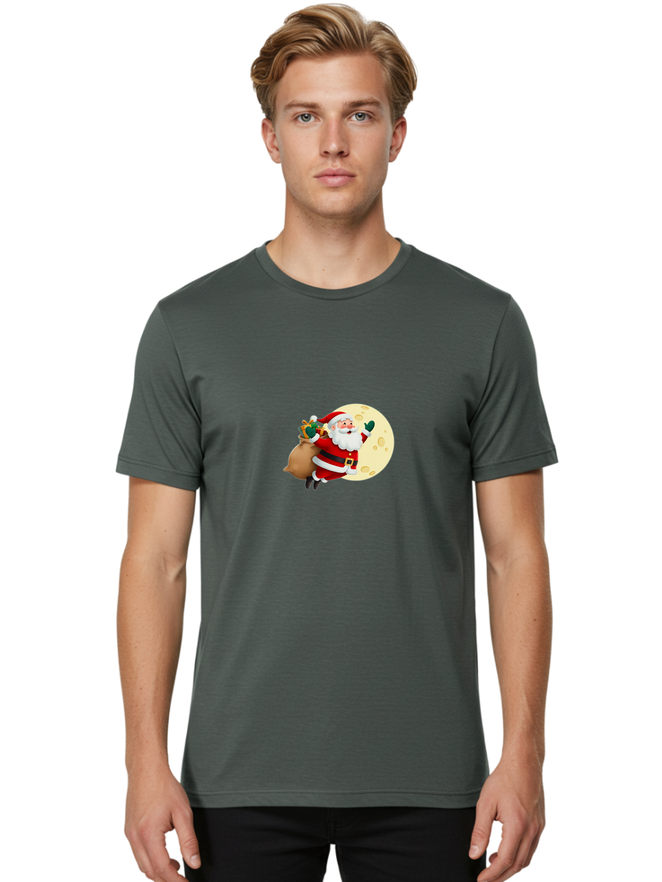 Santa-Claus Men'S Graphic Tee, 100% Cotton, Comfortable Casual Summer Wear, Machine Washable, Santa Claus Flying, Full Moon, Christmas Gifts, Festive Season, Holiday Cheer, Jolly Old Man, Sack Of Toys, Waving Hand, Joyful Atmosphere, Bac394