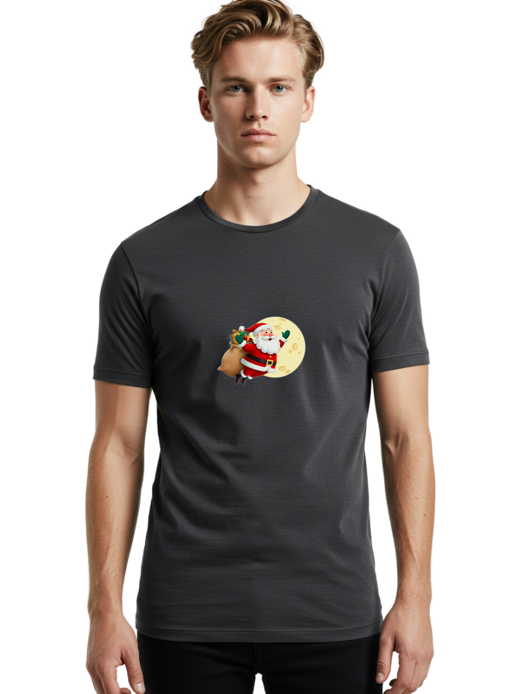 Santa-Claus Men'S Graphic Tee, 100% Cotton, Comfortable Casual Summer Wear, Machine Washable, Santa Claus Flying, Full Moon, Christmas Gifts, Festive Season, Holiday Cheer, Jolly Old Man, Sack Of Toys, Waving Hand, Joyful Atmosphere, Bac394