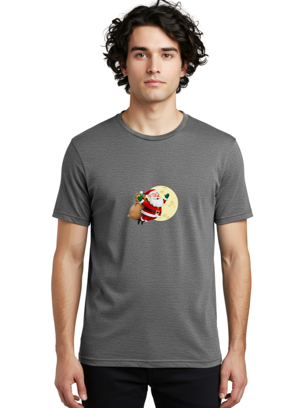 Santa-Claus Men'S Graphic Tee, 100% Cotton, Comfortable Casual Summer Wear, Machine Washable, Santa Claus Flying, Full Moon, Christmas Gifts, Festive Season, Holiday Cheer, Jolly Old Man, Sack Of Toys, Waving Hand, Joyful Atmosphere, Bac394