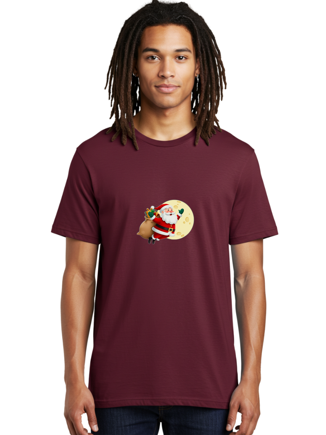 Santa-Claus Men'S Graphic Tee, 100% Cotton, Comfortable Casual Summer Wear, Machine Washable, Santa Claus Flying, Full Moon, Christmas Gifts, Festive Season, Holiday Cheer, Jolly Old Man, Sack Of Toys, Waving Hand, Joyful Atmosphere, Bac394