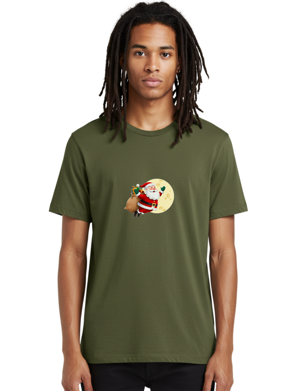 Santa-Claus Men'S Graphic Tee, 100% Cotton, Comfortable Casual Summer Wear, Machine Washable, Santa Claus Flying, Full Moon, Christmas Gifts, Festive Season, Holiday Cheer, Jolly Old Man, Sack Of Toys, Waving Hand, Joyful Atmosphere, Bac394