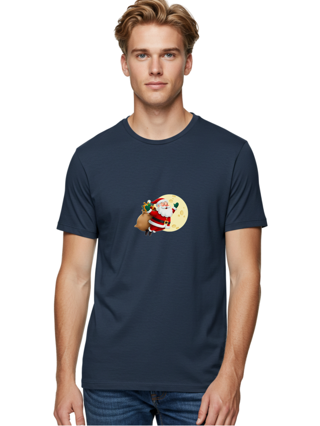 Santa-Claus Men'S Graphic Tee, 100% Cotton, Comfortable Casual Summer Wear, Machine Washable, Santa Claus Flying, Full Moon, Christmas Gifts, Festive Season, Holiday Cheer, Jolly Old Man, Sack Of Toys, Waving Hand, Joyful Atmosphere, Bac394