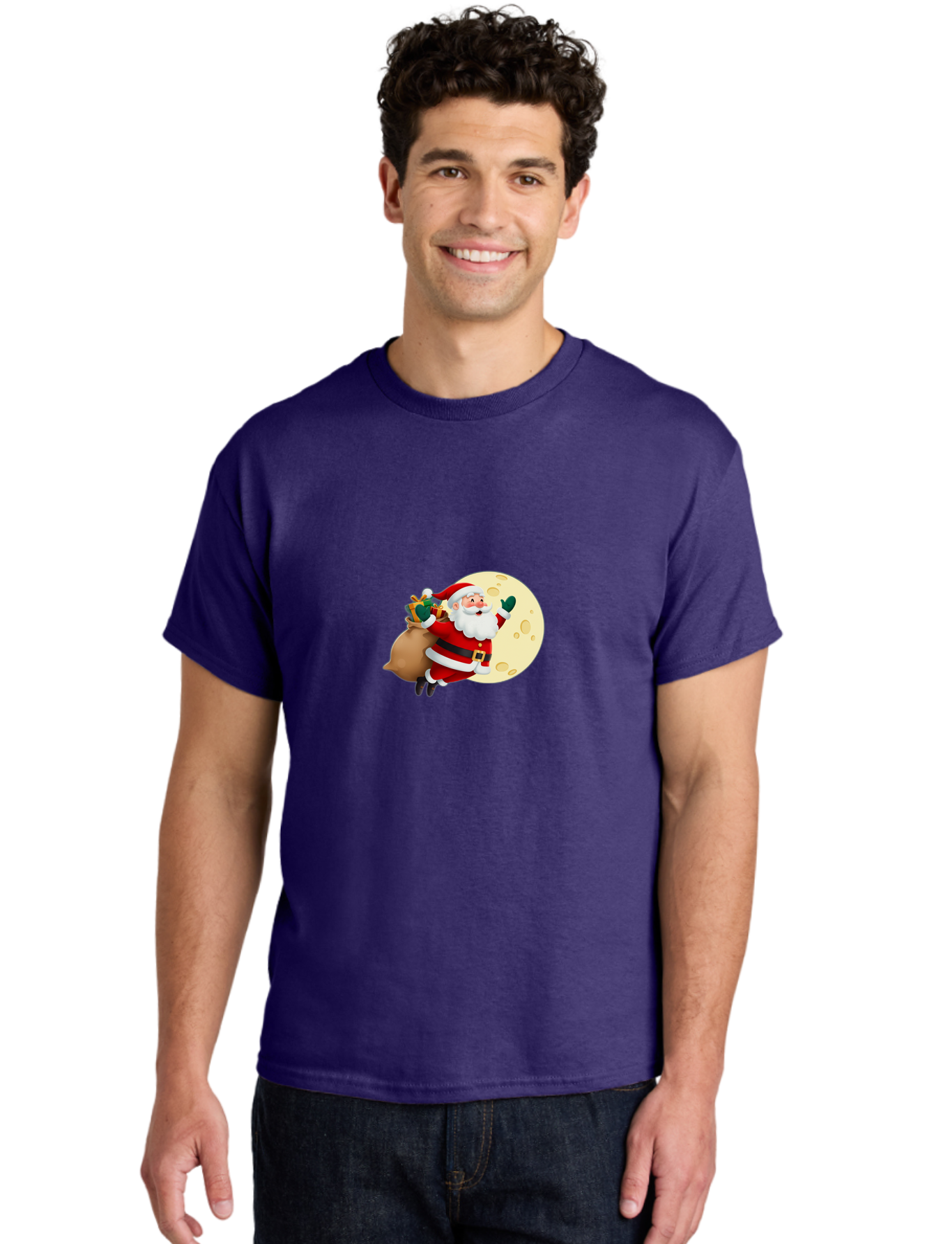 Santa-Claus Men'S Graphic Tee, 100% Cotton, Comfortable Casual Summer Wear, Machine Washable, Santa Claus Flying, Full Moon, Christmas Gifts, Festive Season, Holiday Cheer, Jolly Old Man, Sack Of Toys, Waving Hand, Joyful Atmosphere, Bac394