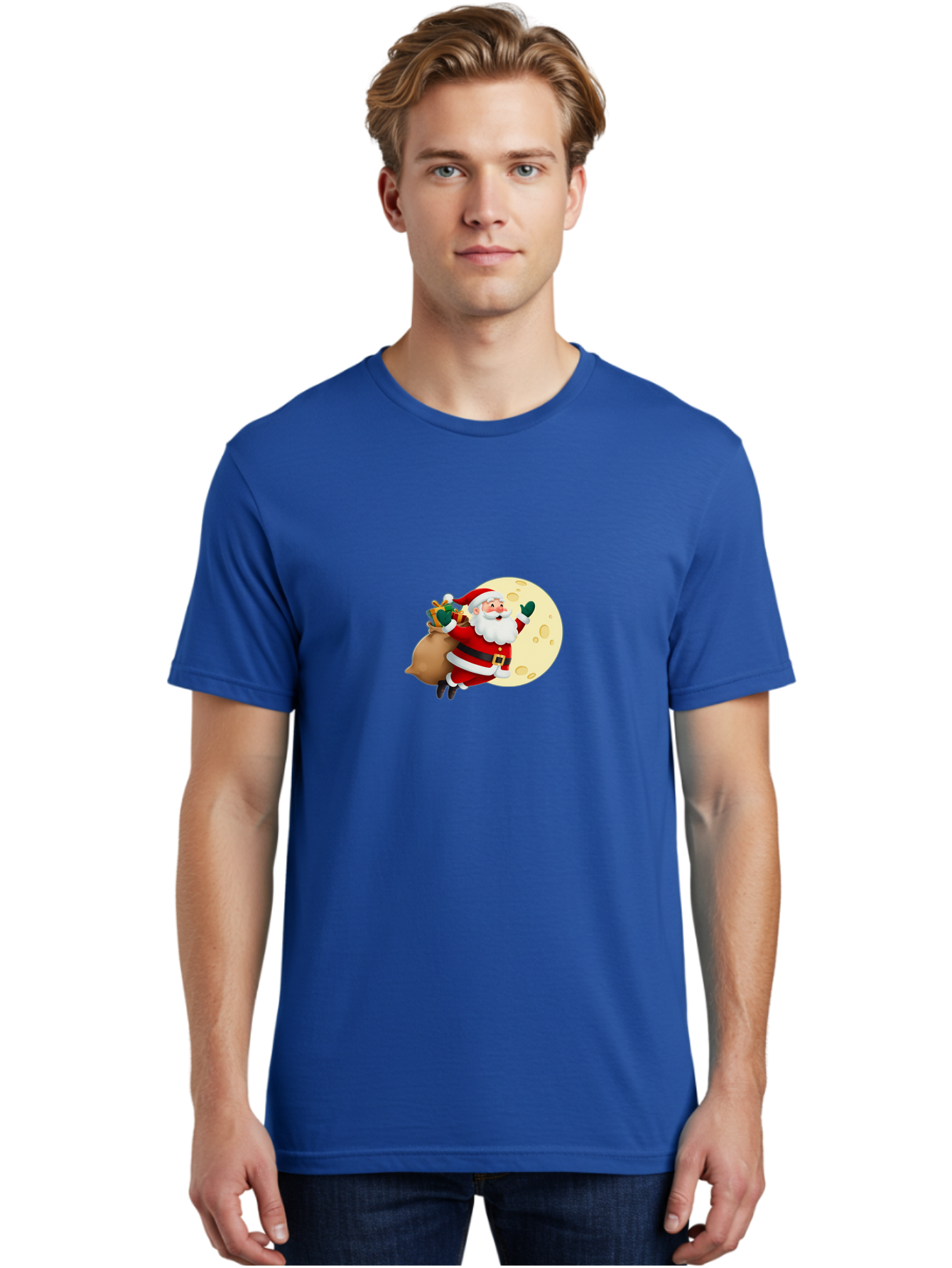 Santa-Claus Men'S Graphic Tee, 100% Cotton, Comfortable Casual Summer Wear, Machine Washable, Santa Claus Flying, Full Moon, Christmas Gifts, Festive Season, Holiday Cheer, Jolly Old Man, Sack Of Toys, Waving Hand, Joyful Atmosphere, Bac394