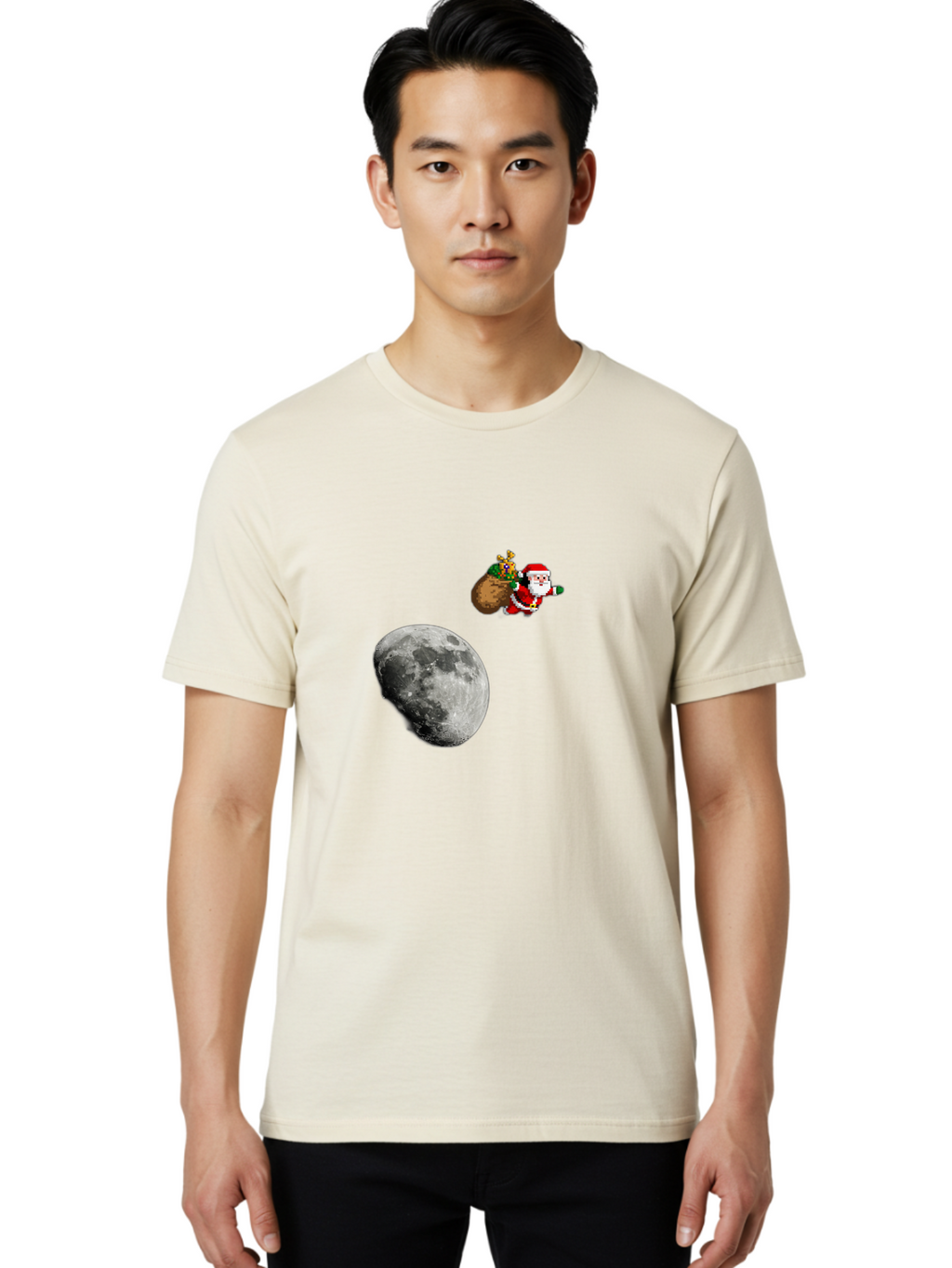 Santa-Moon Men'S Graphic Tee, 100% Cotton, Comfortable Casual Summer Wear, Machine Washable, Santa Claus Flying With Sack, Christmas Gifts, Holiday Season, Festive Atmosphere, Moonlit Night, Jolly Old Saint Nick Bac395