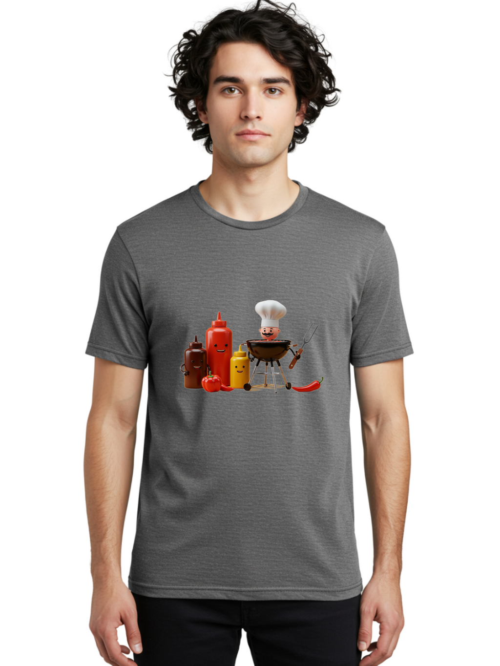 Saucy-Chef Men'S Graphic Tee, 100% Cotton, Comfortable Casual Summer Wear, Machine Washable, Fun Kitchen Utensils, Chef Cooking, Cartoon Characters, Barbecue Grill, Bbq Sauce, Hot Sauce, Mustard Bottle, Cartoon Cooking, Grilled Food, Bac397