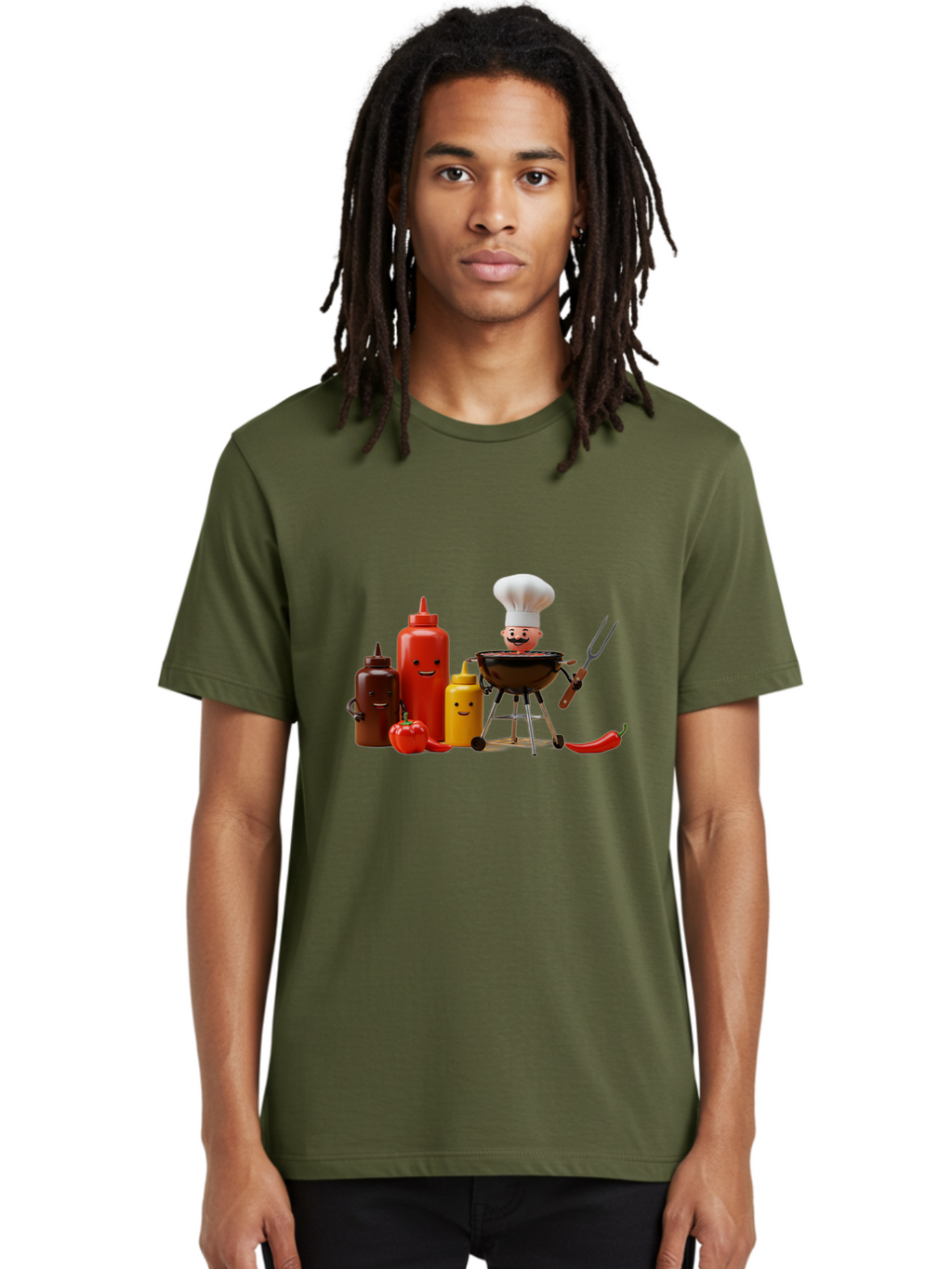Saucy-Chef Men'S Graphic Tee, 100% Cotton, Comfortable Casual Summer Wear, Machine Washable, Fun Kitchen Utensils, Chef Cooking, Cartoon Characters, Barbecue Grill, Bbq Sauce, Hot Sauce, Mustard Bottle, Cartoon Cooking, Grilled Food, Bac397