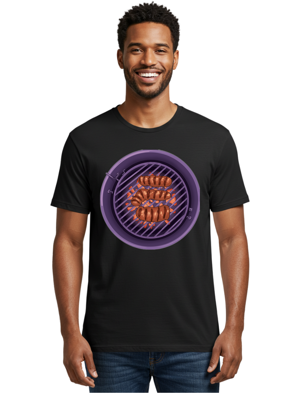 Sausages-On-Grill Men'S Graphic Tee, 100% Cotton, Comfortable Casual Summer Wear, Machine Washable, Sausages On Barbecue Grill, Grilled Sausages, Barbecue Cooking, Outdoor Cooking, Summer Food, Grilled Food, Food On Grill, Barbecue Grill Bac398