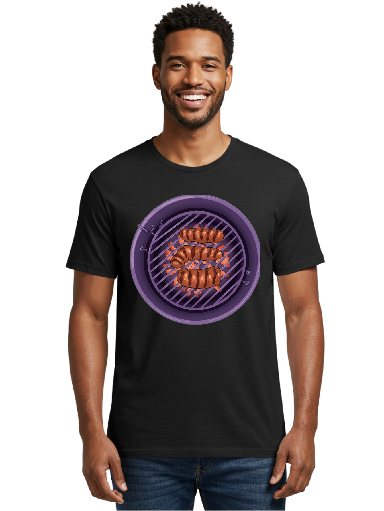Sausages-On-Grill Men'S Graphic Tee, 100% Cotton, Comfortable Casual Summer Wear, Machine Washable, Sausages On Barbecue Grill, Grilled Sausages, Barbecue Cooking, Outdoor Cooking, Summer Food, Grilled Food, Food On Grill, Barbecue Grill Bac398