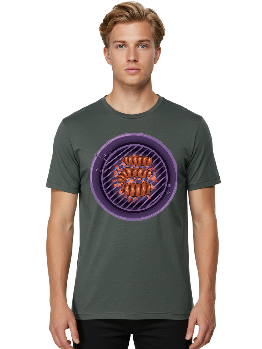 Sausages-On-Grill Men'S Graphic Tee, 100% Cotton, Comfortable Casual Summer Wear, Machine Washable, Sausages On Barbecue Grill, Grilled Sausages, Barbecue Cooking, Outdoor Cooking, Summer Food, Grilled Food, Food On Grill, Barbecue Grill Bac398