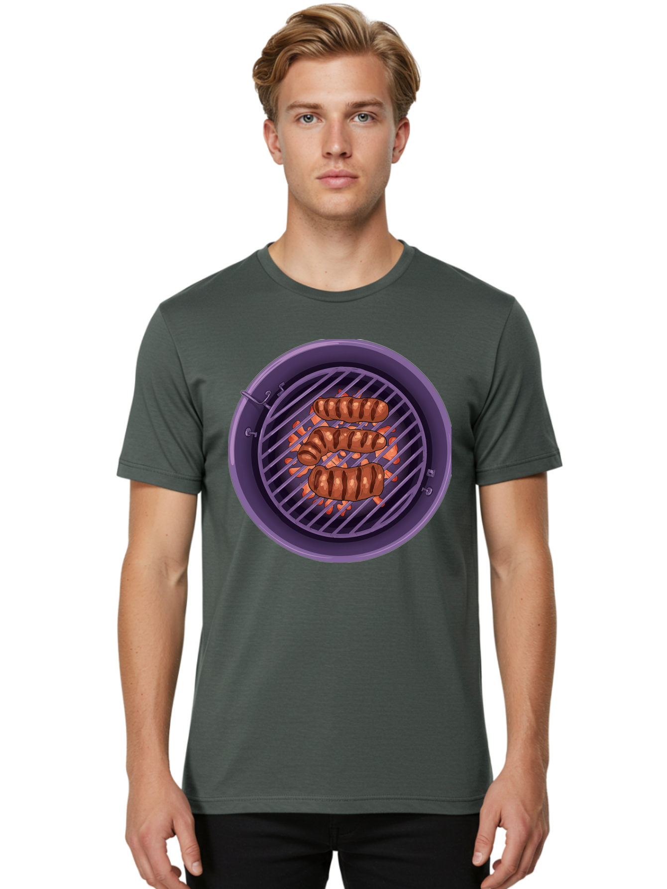 Sausages-On-Grill Men'S Graphic Tee, 100% Cotton, Comfortable Casual Summer Wear, Machine Washable, Sausages On Barbecue Grill, Grilled Sausages, Barbecue Cooking, Outdoor Cooking, Summer Food, Grilled Food, Food On Grill, Barbecue Grill Bac398