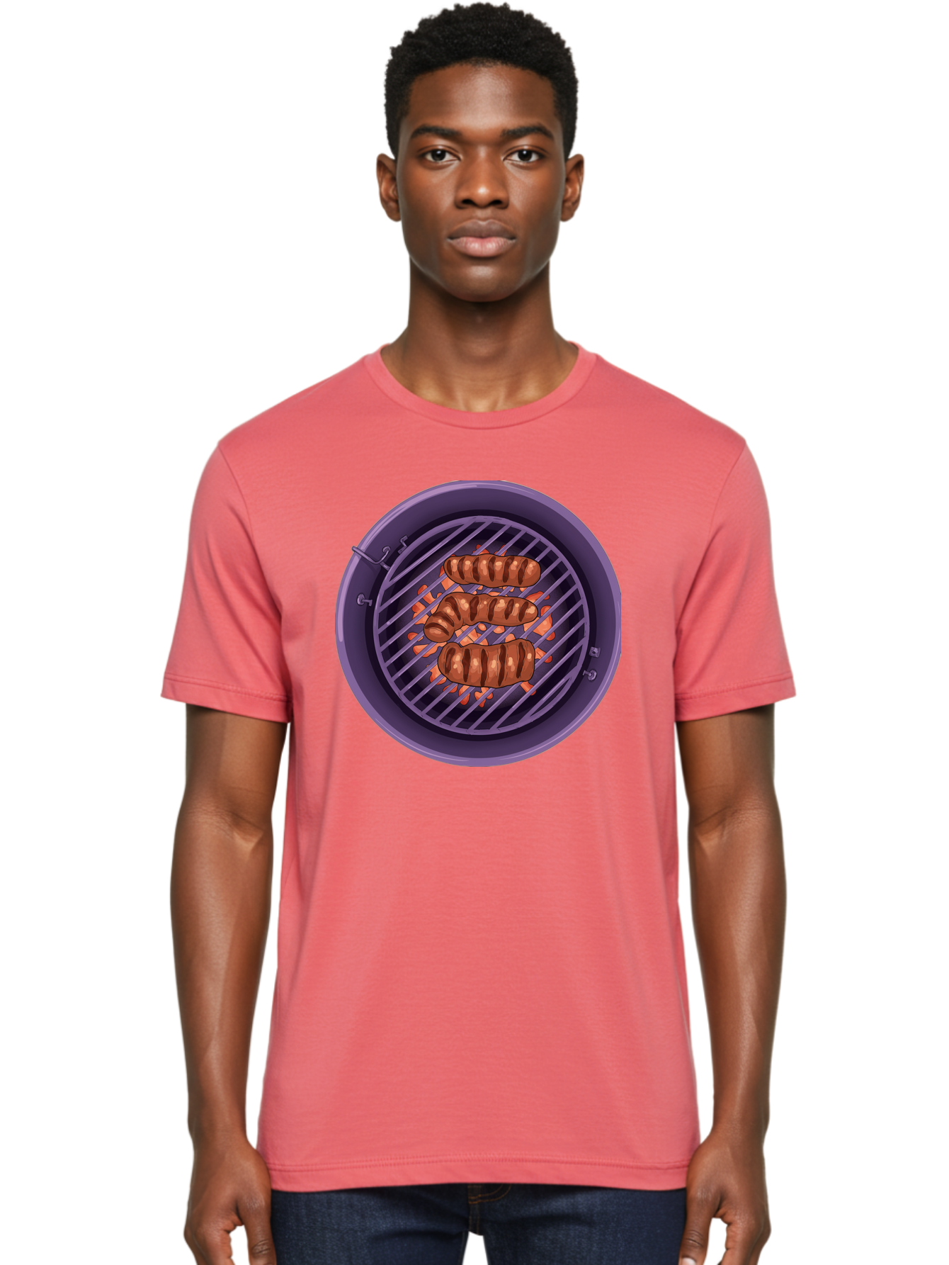Sausages-On-Grill Men'S Graphic Tee, 100% Cotton, Comfortable Casual Summer Wear, Machine Washable, Sausages On Barbecue Grill, Grilled Sausages, Barbecue Cooking, Outdoor Cooking, Summer Food, Grilled Food, Food On Grill, Barbecue Grill Bac398